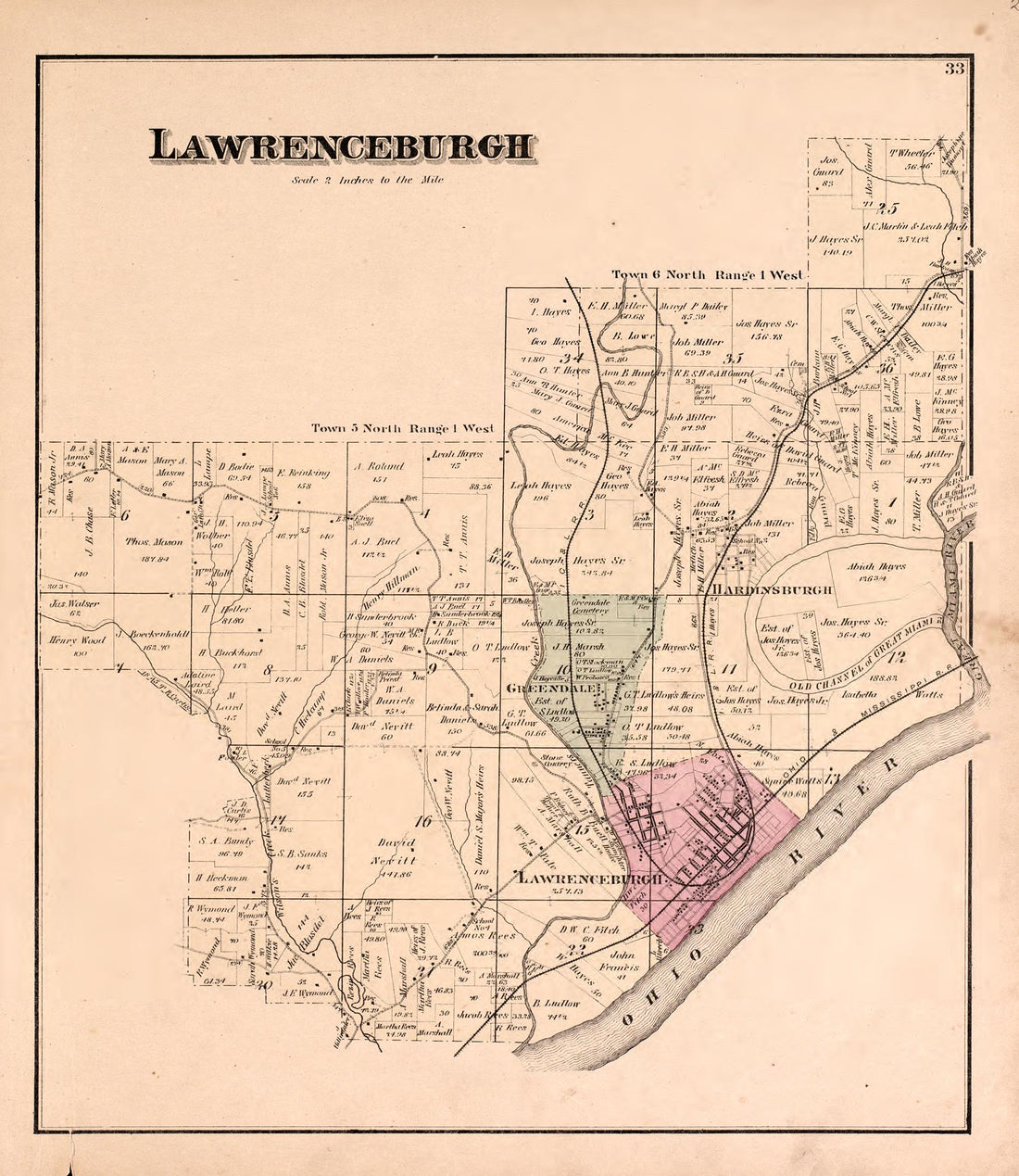 Lawrenceburgh from Atlas of Dearborn County, Indiana : to Which Is Added a Map of the State of Indiana, Also an Outline and Rail Road Map of the United States 1875 by Relic Map Company