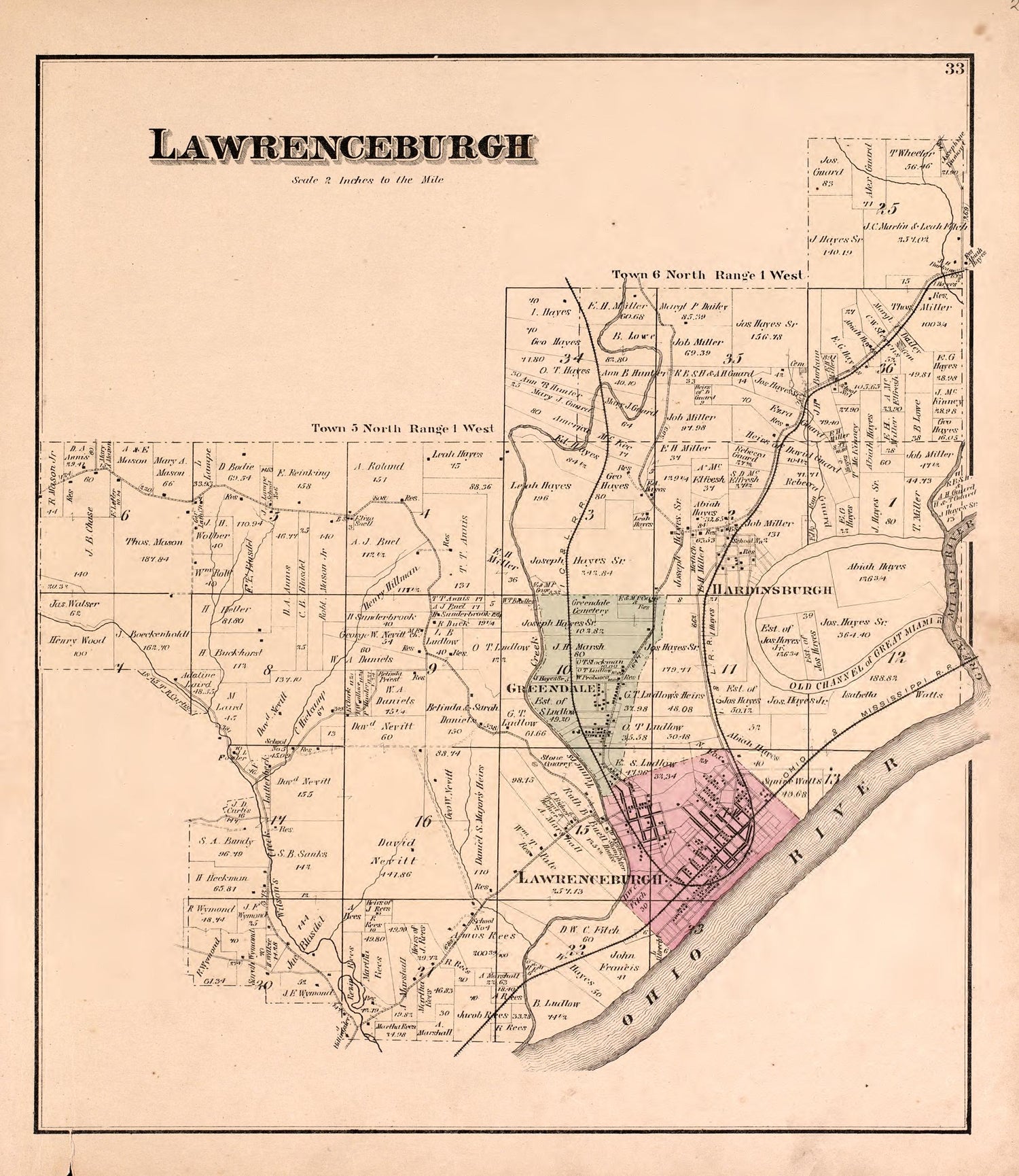 Lawrenceburgh from Atlas of Dearborn County, Indiana : to Which Is Added a Map of the State of Indiana, Also an Outline and Rail Road Map of the United States 1875 by Relic Map Company