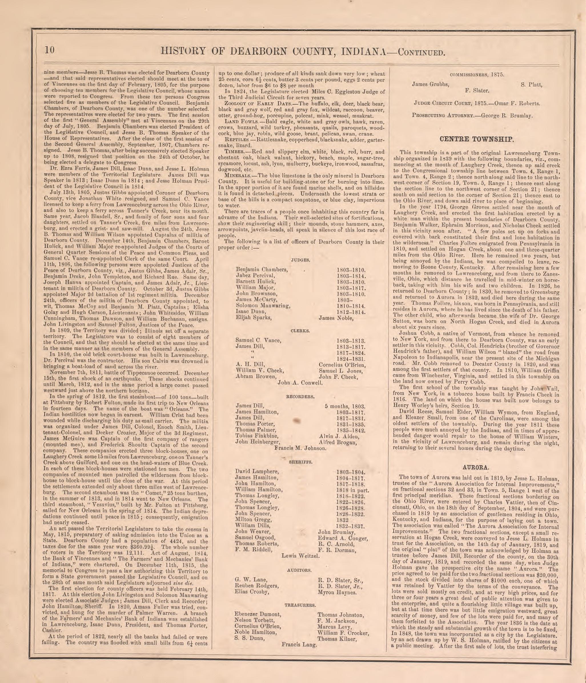 History of Dearborn County--continued from Atlas of Dearborn County, Indiana : to Which Is Added a Map of the State of Indiana, Also an Outline and Rail Road Map of the United States 1875 by Relic Map Company