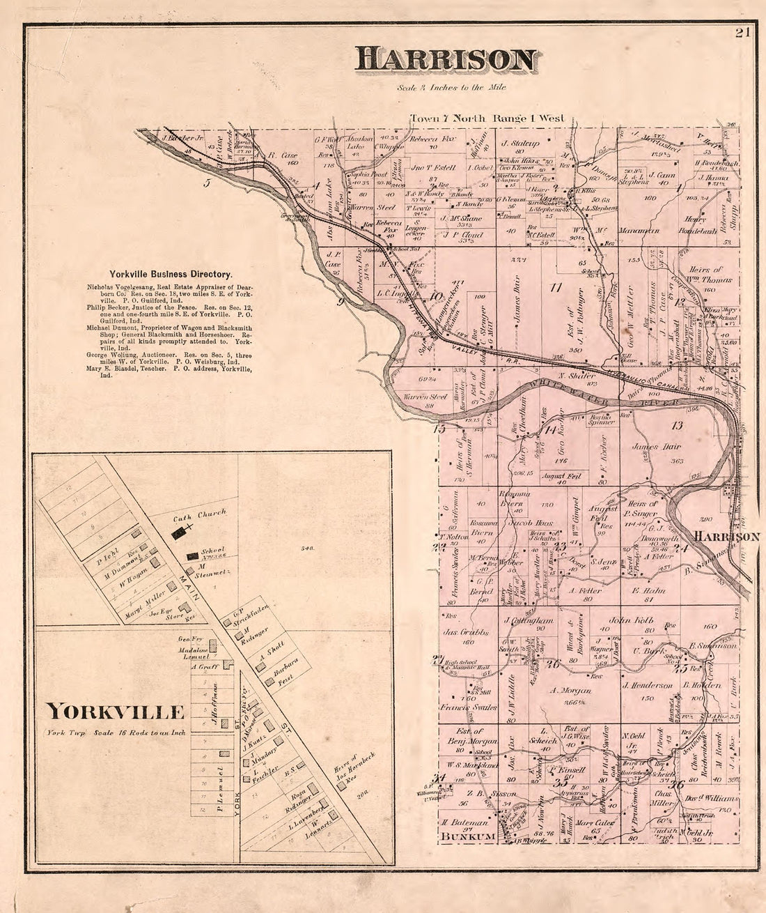 Harrison and Yorkville from Atlas of Dearborn County, Indiana : to Which Is Added a Map of the State of Indiana, Also an Outline and Rail Road Map of the United States 1875 by Relic Map Company