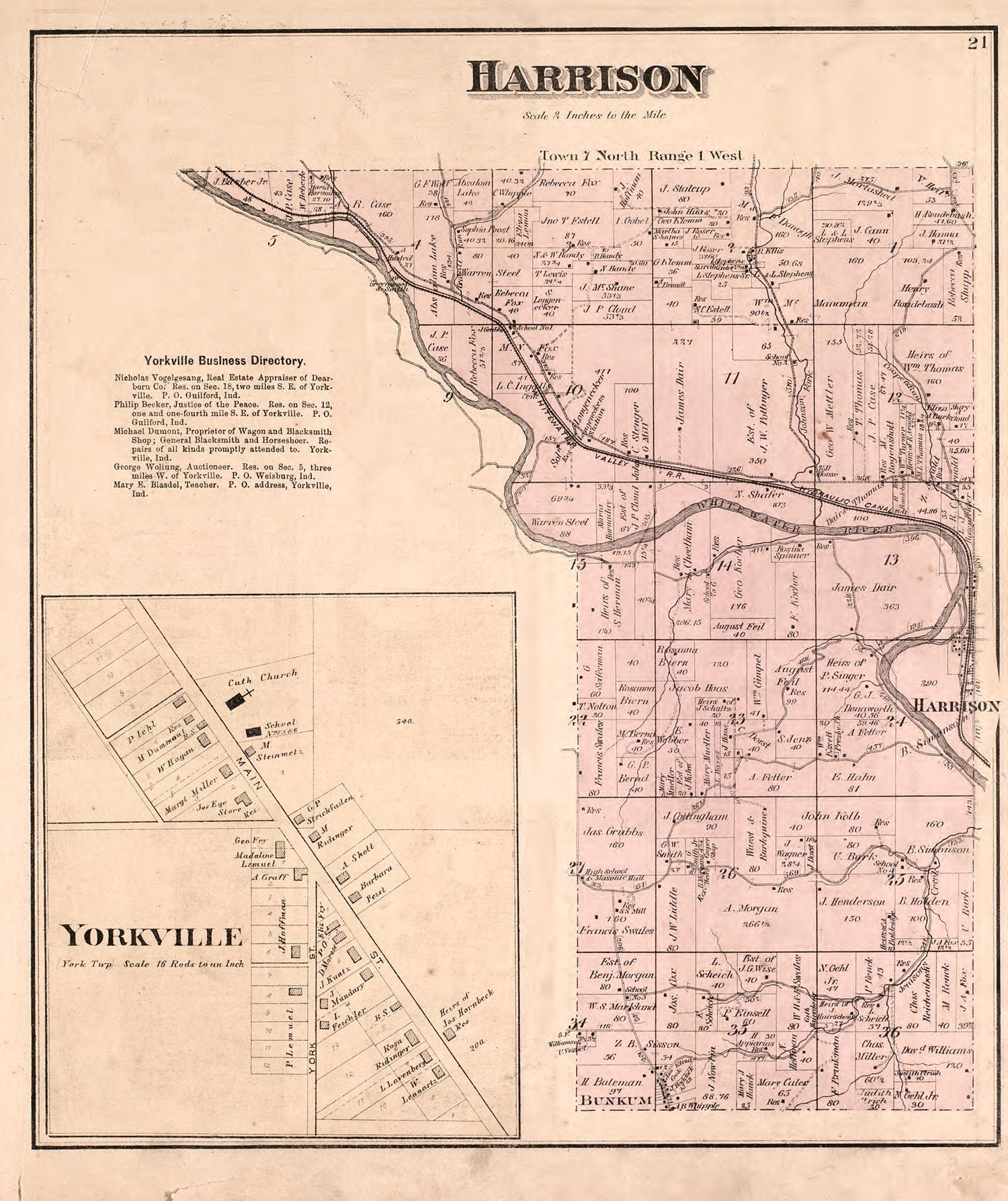 Harrison and Yorkville from Atlas of Dearborn County, Indiana : to Which Is Added a Map of the State of Indiana, Also an Outline and Rail Road Map of the United States 1875 by Relic Map Company