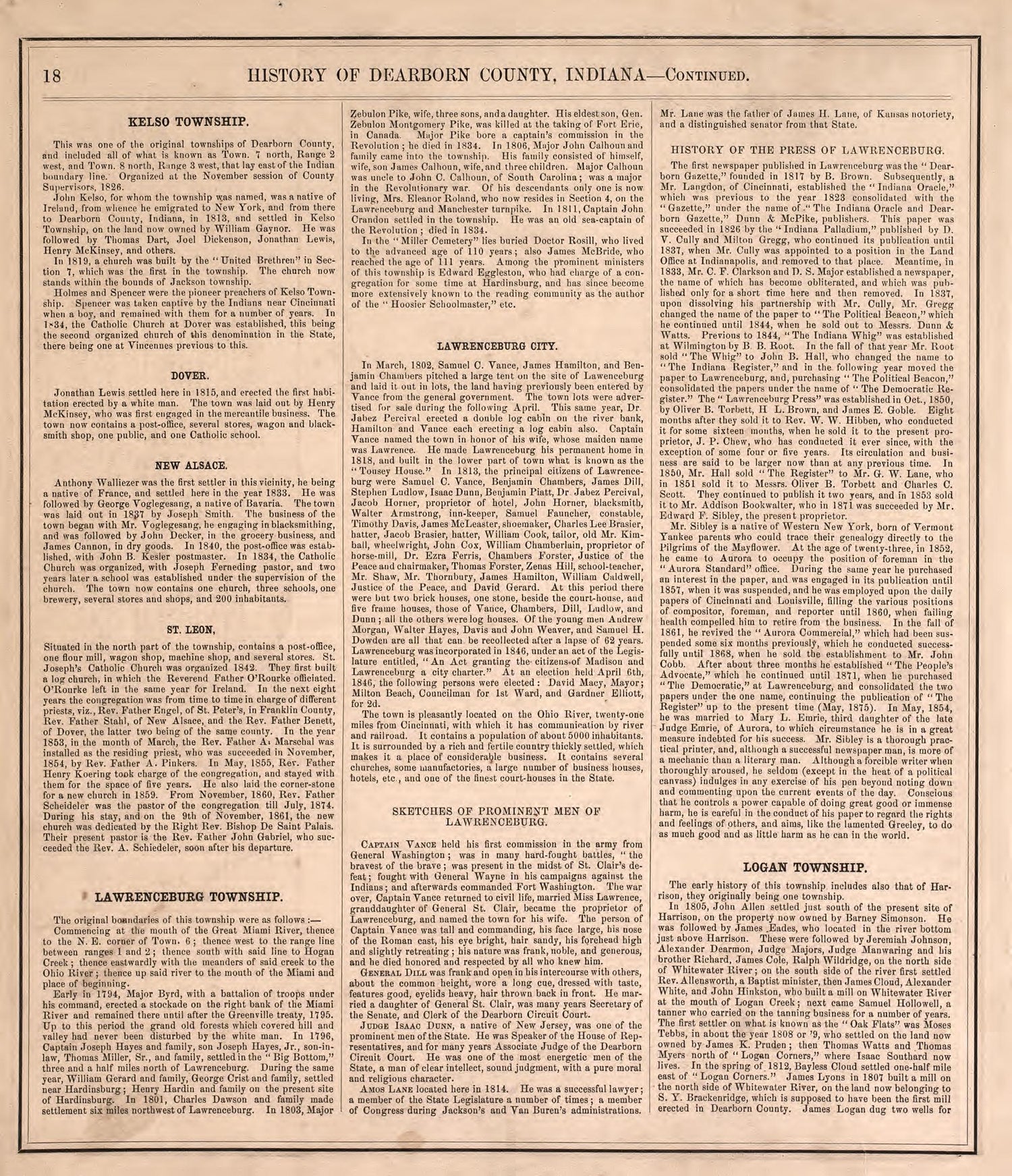 History of Dearborn County--continued from Atlas of Dearborn County, Indiana : to Which Is Added a Map of the State of Indiana, Also an Outline and Rail Road Map of the United States 1875 by Relic Map Company