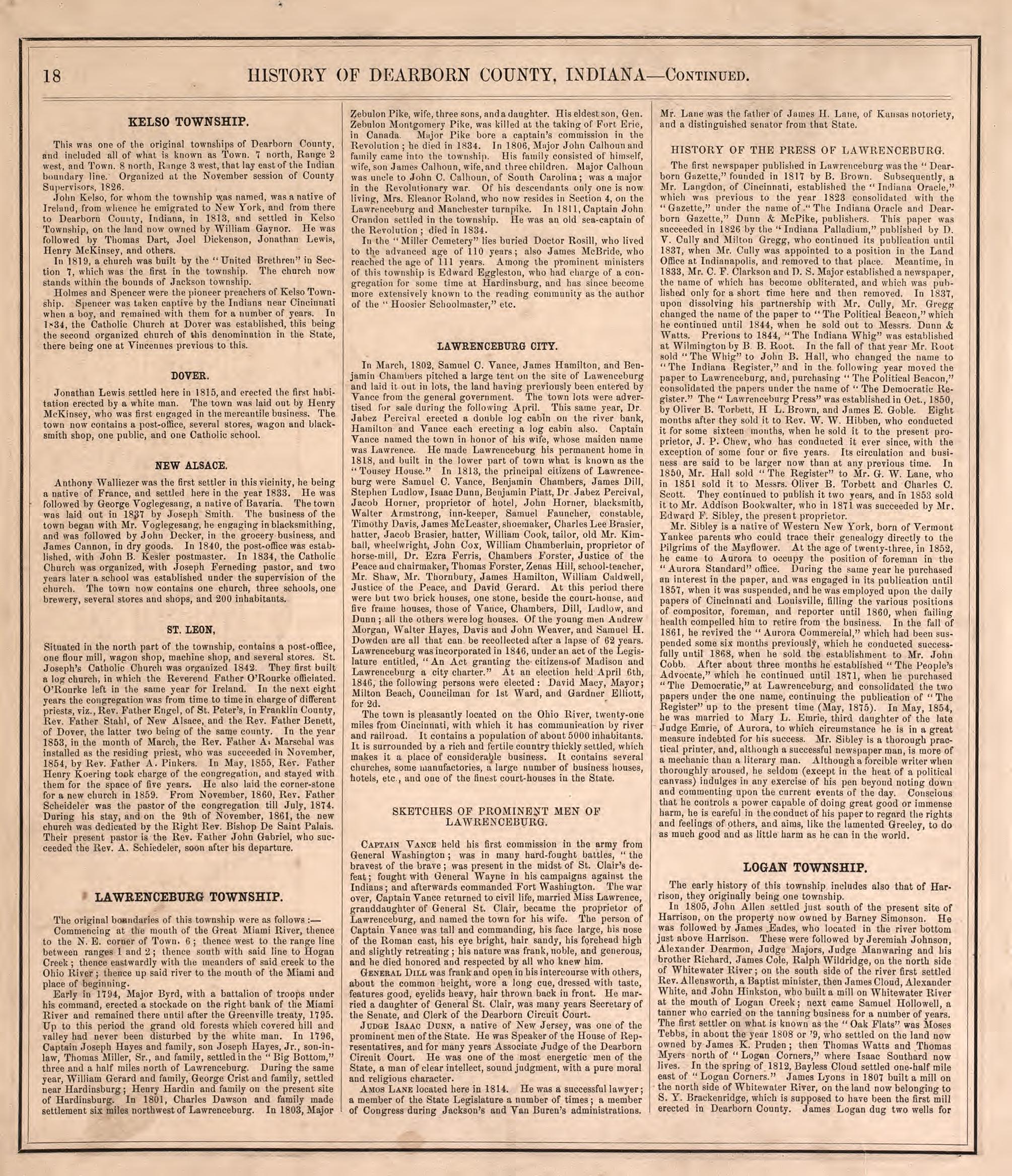 History of Dearborn County--continued from Atlas of Dearborn County, Indiana : to Which Is Added a Map of the State of Indiana, Also an Outline and Rail Road Map of the United States 1875 by Relic Map Company