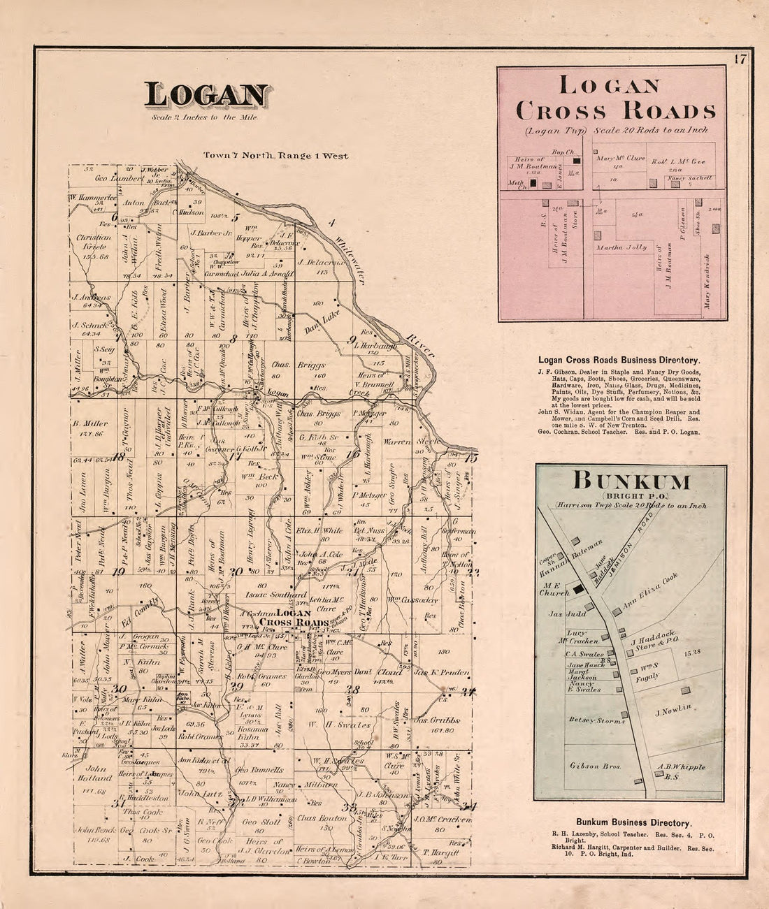 Logan and Bunkum from Atlas of Dearborn County, Indiana : to Which Is Added a Map of the State of Indiana, Also an Outline and Rail Road Map of the United States 1875 by Relic Map Company