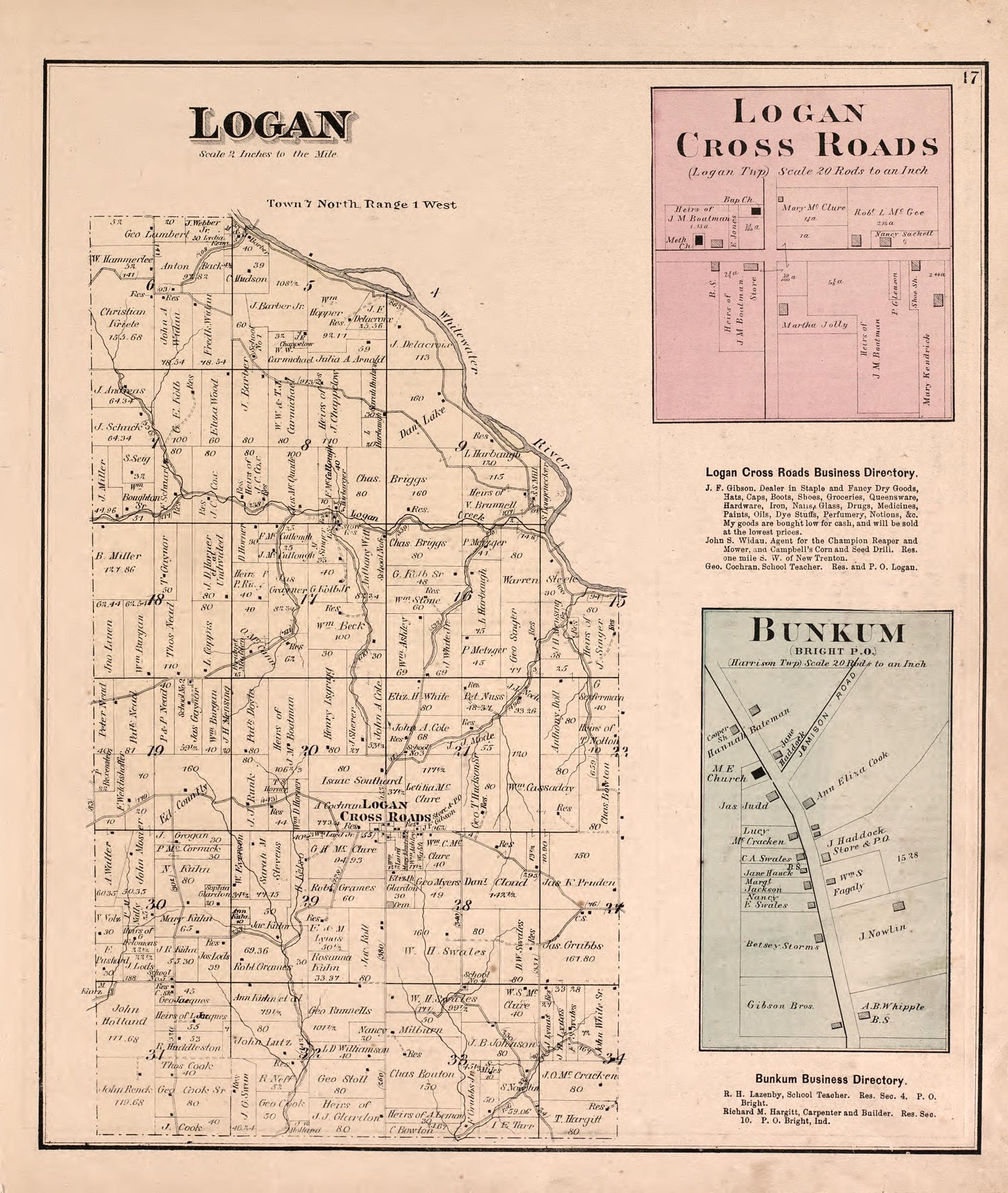 Logan and Bunkum from Atlas of Dearborn County, Indiana : to Which Is Added a Map of the State of Indiana, Also an Outline and Rail Road Map of the United States 1875 by Relic Map Company