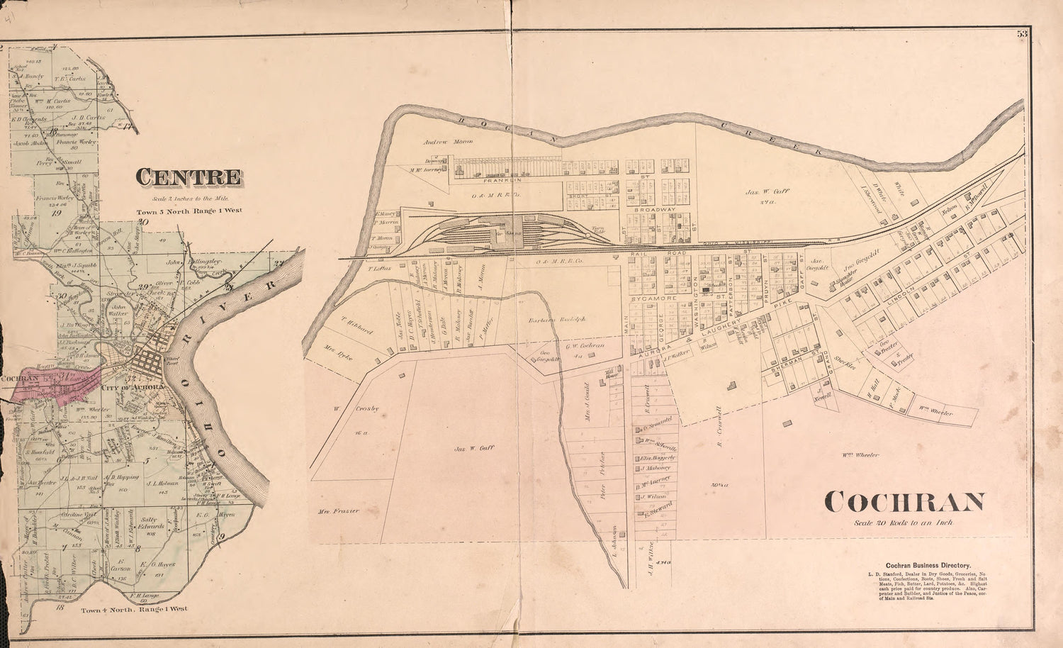 Centre and Cochran from Atlas of Dearborn County, Indiana : to Which Is Added a Map of the State of Indiana, Also an Outline and Rail Road Map of the United States 1875 by Relic Map Company