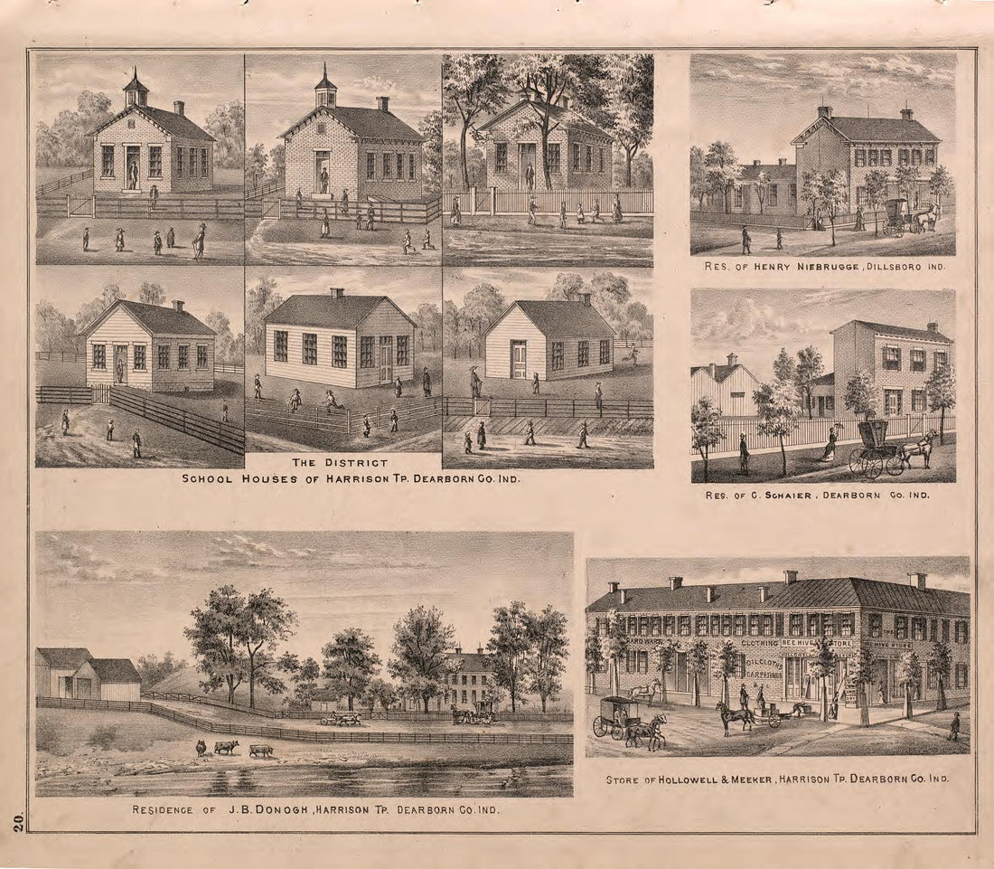 Views of Residences and Schoolhouse from Atlas of Dearborn County, Indiana : to Which Is Added a Map of the State of Indiana, Also an Outline and Rail Road Map of the United States 1875 by Relic Map Company