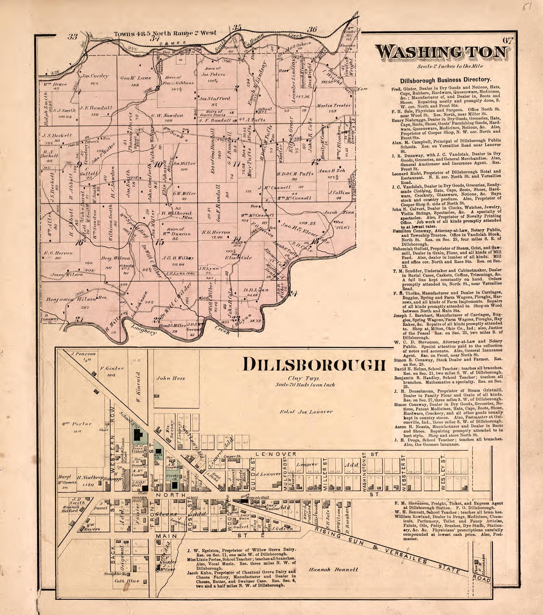 Washington and Dillsborough from Atlas of Dearborn County, Indiana : to Which Is Added a Map of the State of Indiana, Also an Outline and Rail Road Map of the United States 1875 by Relic Map Company