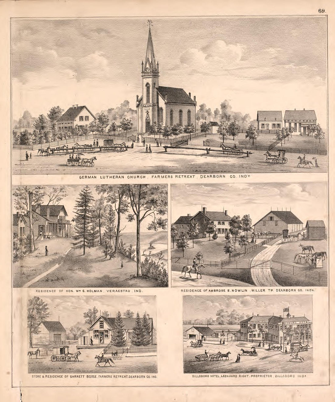 Views of Residences, Farms and Churches from Atlas of Dearborn County, Indiana : to Which Is Added a Map of the State of Indiana, Also an Outline and Rail Road Map of the United States 1875 by Relic Map Company