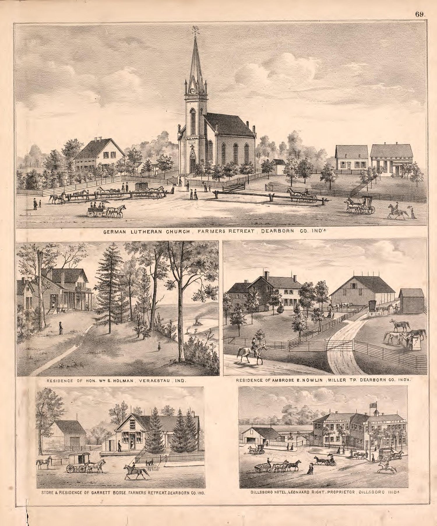 Views of Residences, Farms and Churches from Atlas of Dearborn County, Indiana : to Which Is Added a Map of the State of Indiana, Also an Outline and Rail Road Map of the United States 1875 by Relic Map Company
