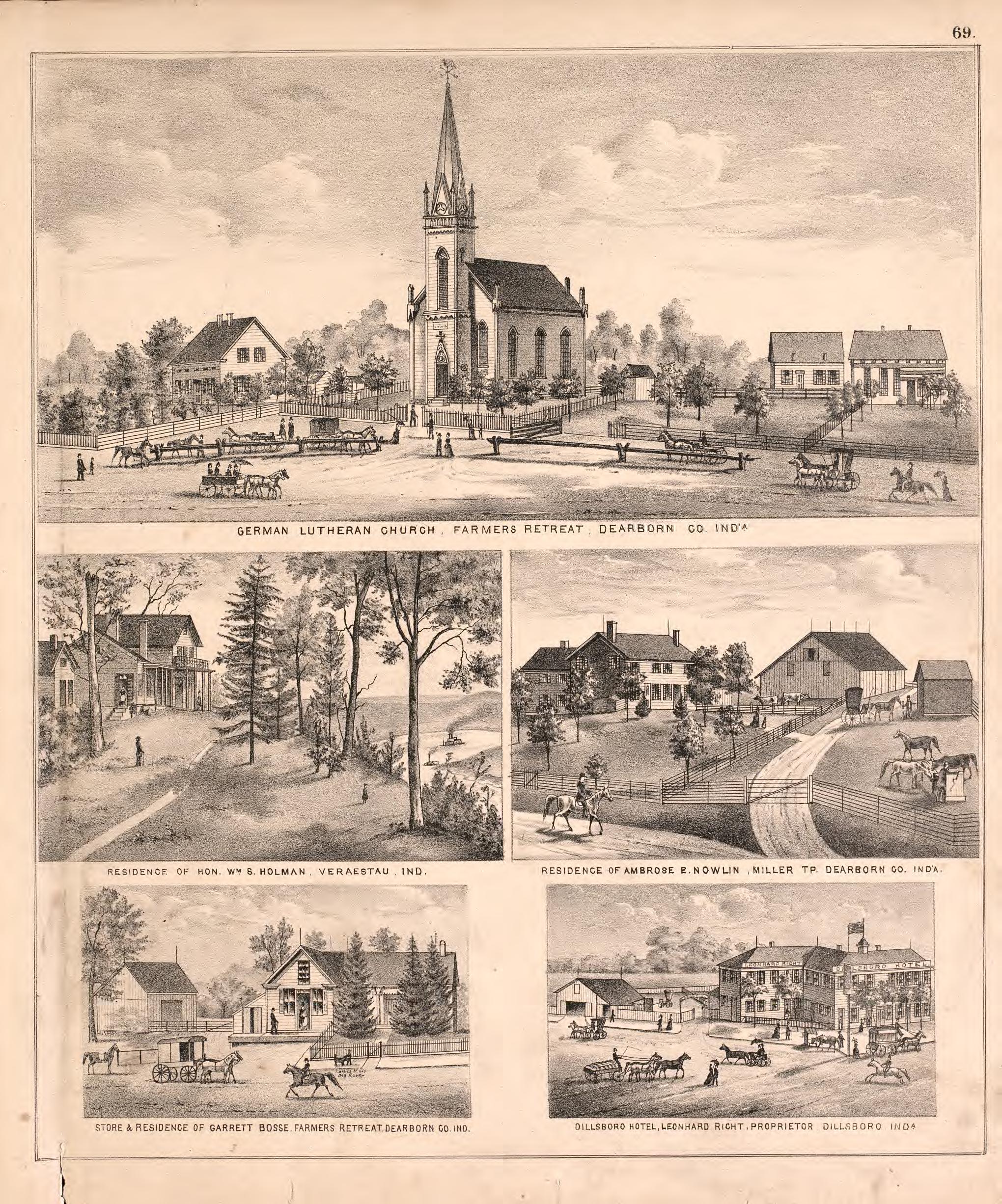 Views of Residences, Farms and Churches from Atlas of Dearborn County, Indiana : to Which Is Added a Map of the State of Indiana, Also an Outline and Rail Road Map of the United States 1875 by Relic Map Company