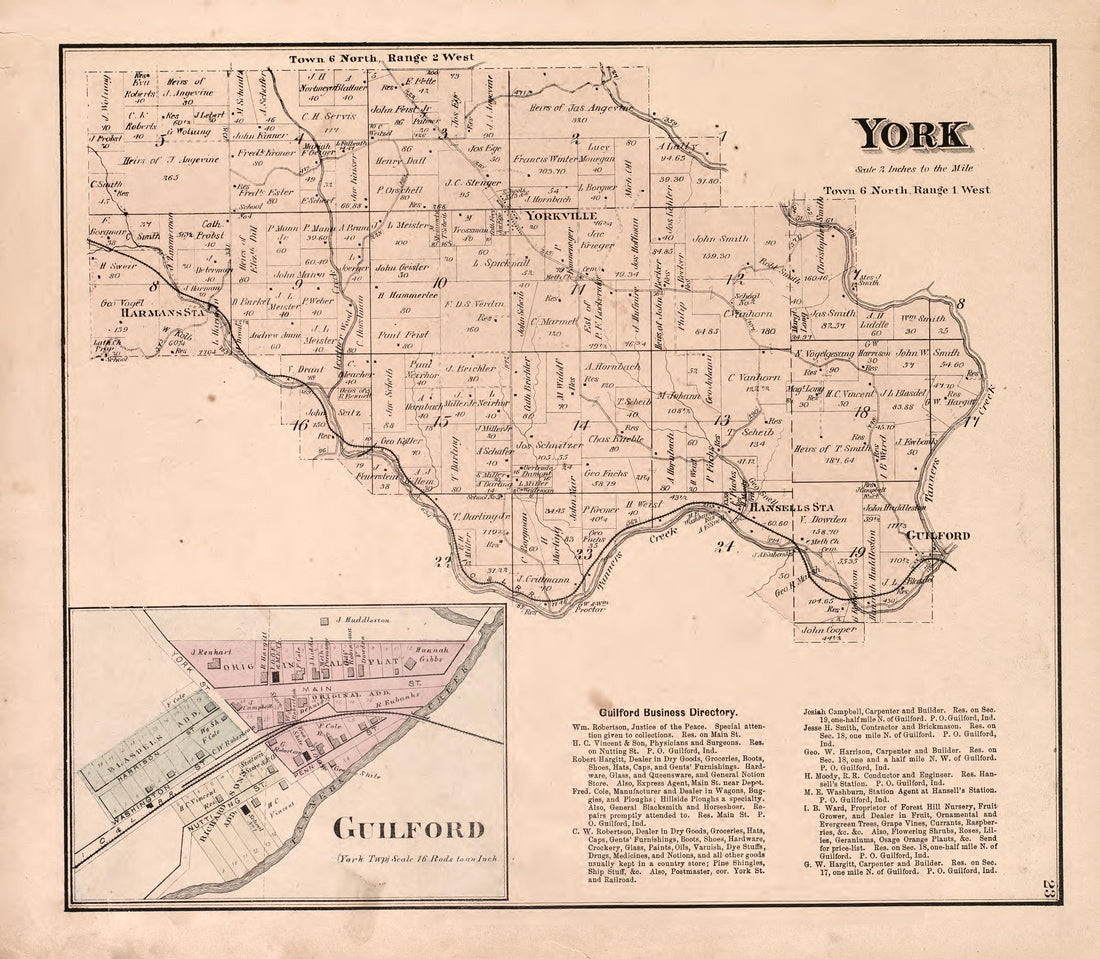 York and Guilford from Atlas of Dearborn County, Indiana : to Which Is Added a Map of the State of Indiana, Also an Outline and Rail Road Map of the United States 1875 by Relic Map Company