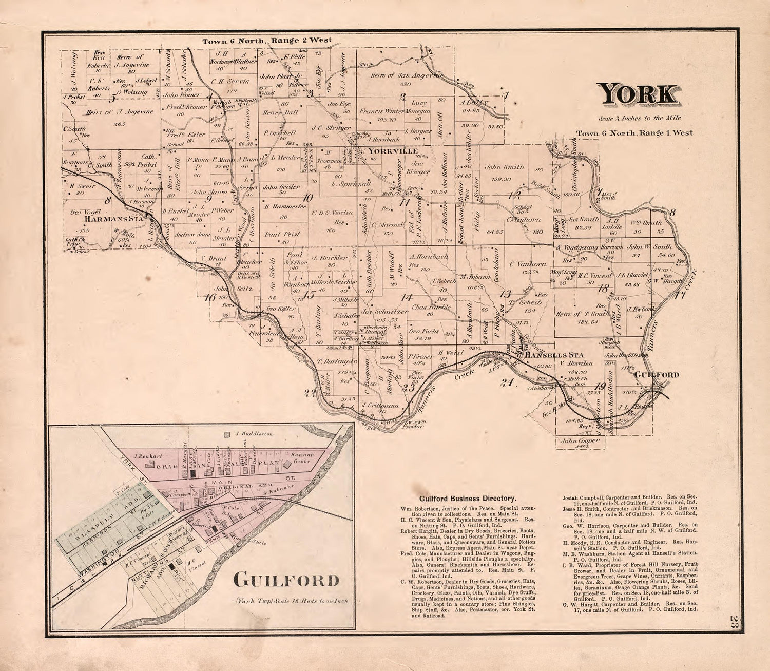 York and Guilford from Atlas of Dearborn County, Indiana : to Which Is Added a Map of the State of Indiana, Also an Outline and Rail Road Map of the United States 1875 by Relic Map Company