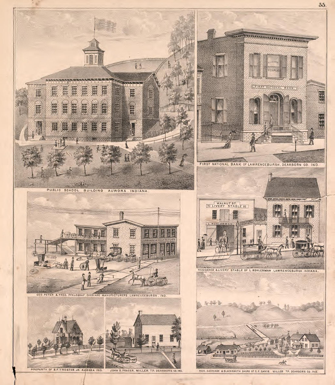 Views of a Public School, a Bank and Several Residences from Atlas of Dearborn County, Indiana : to Which Is Added a Map of the State of Indiana, Also an Outline and Rail Road Map of the United States 1875 by Relic Map Company