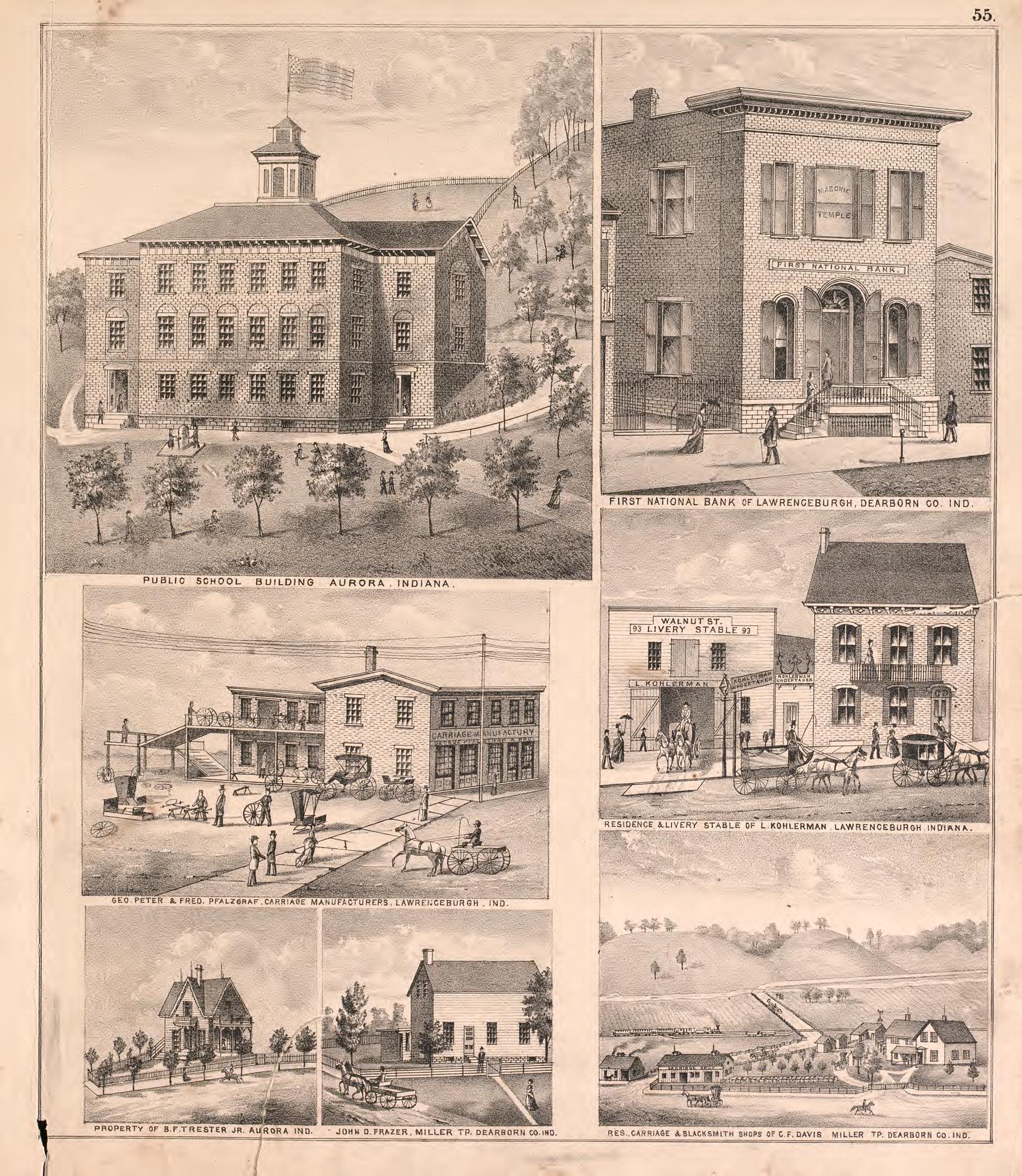 Views of a Public School, a Bank and Several Residences from Atlas of Dearborn County, Indiana : to Which Is Added a Map of the State of Indiana, Also an Outline and Rail Road Map of the United States 1875 by Relic Map Company