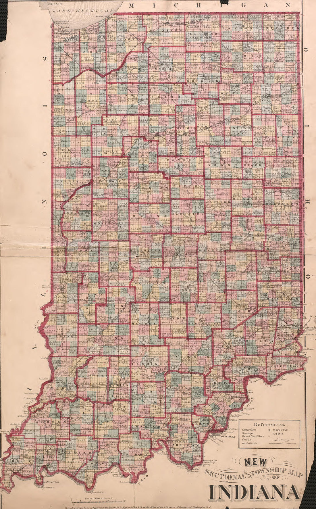 Sectional Township Map of Indiana from Atlas of Dearborn County, Indiana : to Which Is Added a Map of the State of Indiana, Also an Outline and Rail Road Map of the United States 1875 by Relic Map Company