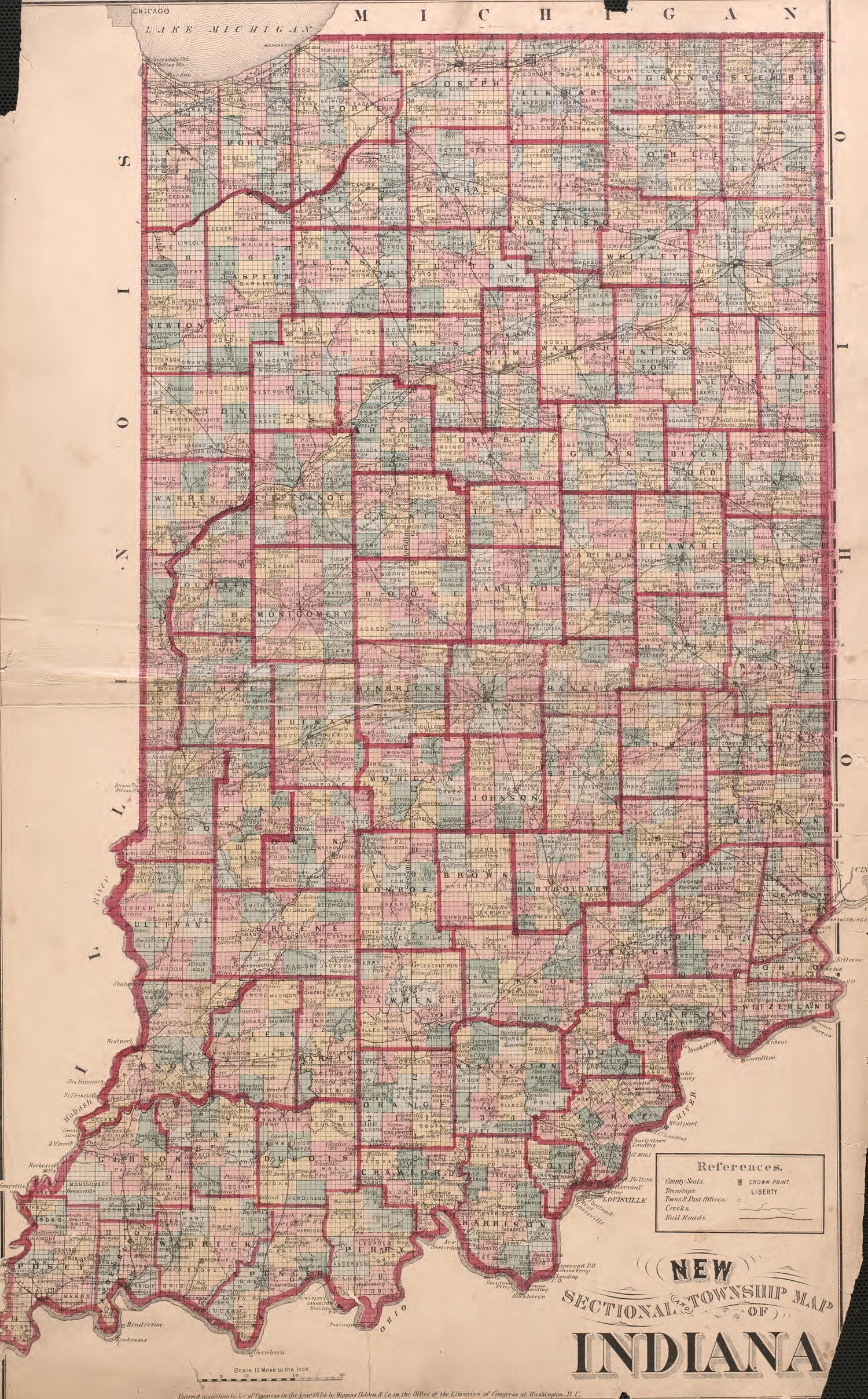 Sectional Township Map of Indiana from Atlas of Dearborn County, Indiana : to Which Is Added a Map of the State of Indiana, Also an Outline and Rail Road Map of the United States 1875 by Relic Map Company