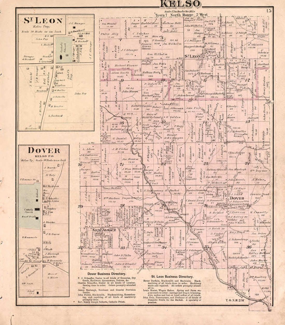 Kelso, St. Leon, Dover from Atlas of Dearborn County, Indiana : to Which Is Added a Map of the State of Indiana, Also an Outline and Rail Road Map of the United States 1875 by Relic Map Company