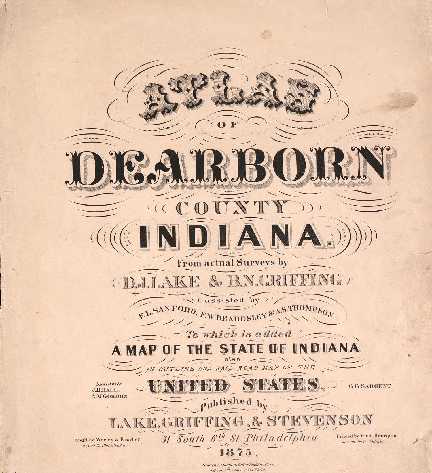 Title Sheet from Atlas of Dearborn County, Indiana : to Which Is Added a Map of the State of Indiana, Also an Outline and Rail Road Map of the United States 1875 by Relic Map Company
