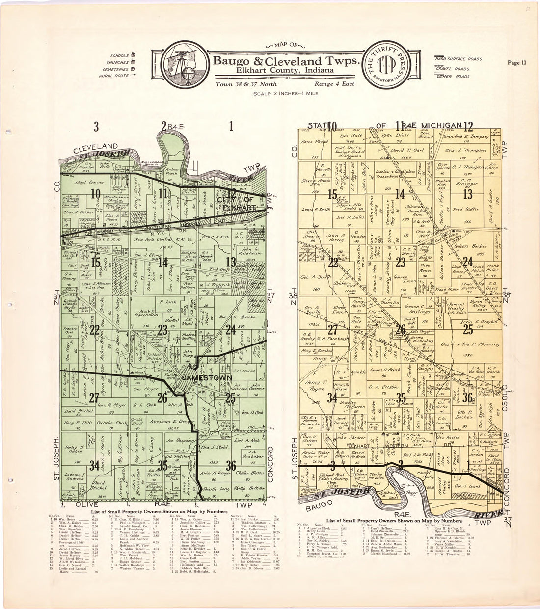 Map of Baugo &amp; Cleveland Twps. Elkhart County, Indiana from Atlas and Plat Book of Elkhart County, Indiana : Compiled from Surveys and the Public Records of Elkhart County, Indiana 1929 by Relic Map Company