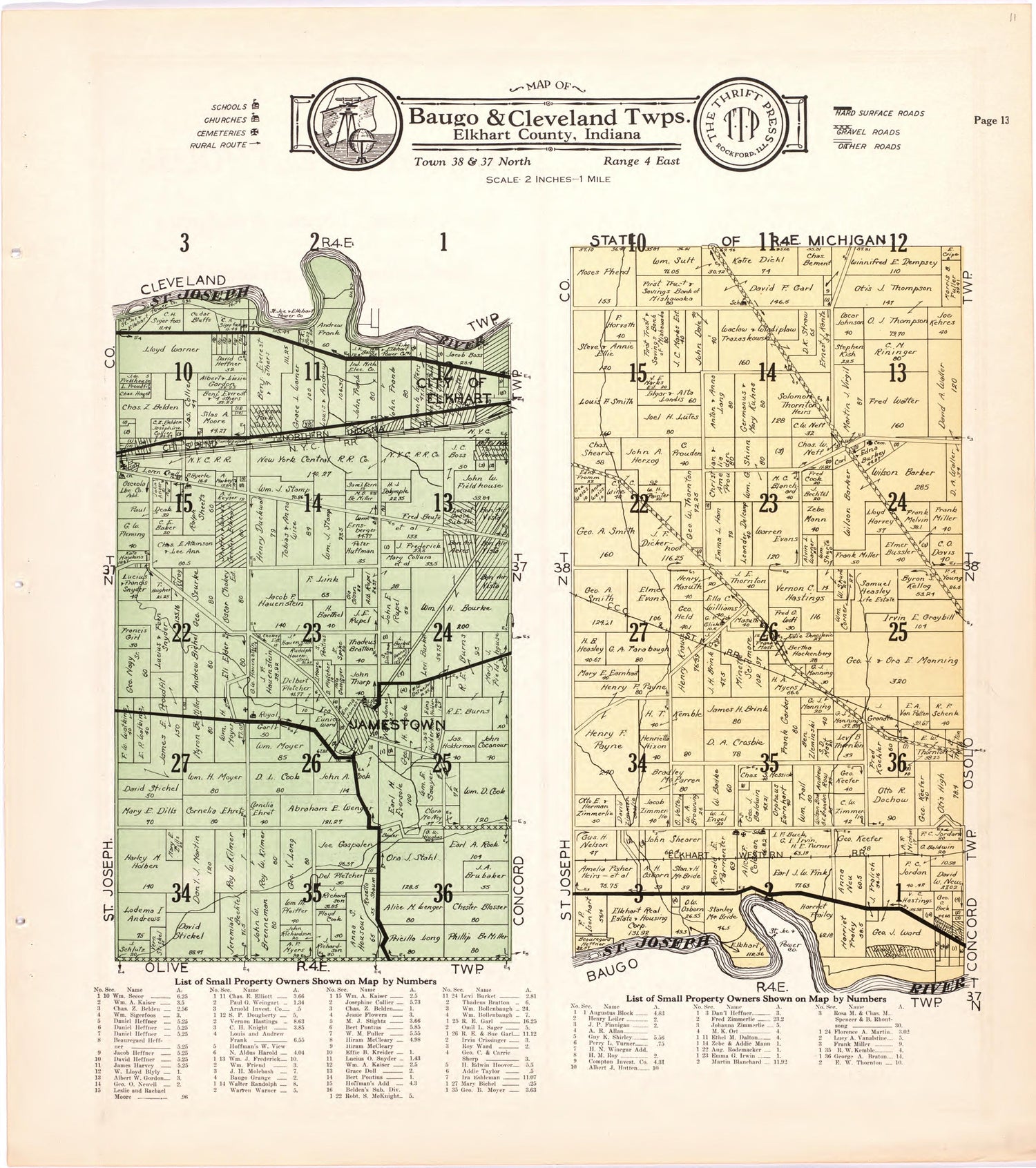 Map of Baugo &amp; Cleveland Twps. Elkhart County, Indiana from Atlas and Plat Book of Elkhart County, Indiana : Compiled from Surveys and the Public Records of Elkhart County, Indiana 1929 by Relic Map Company