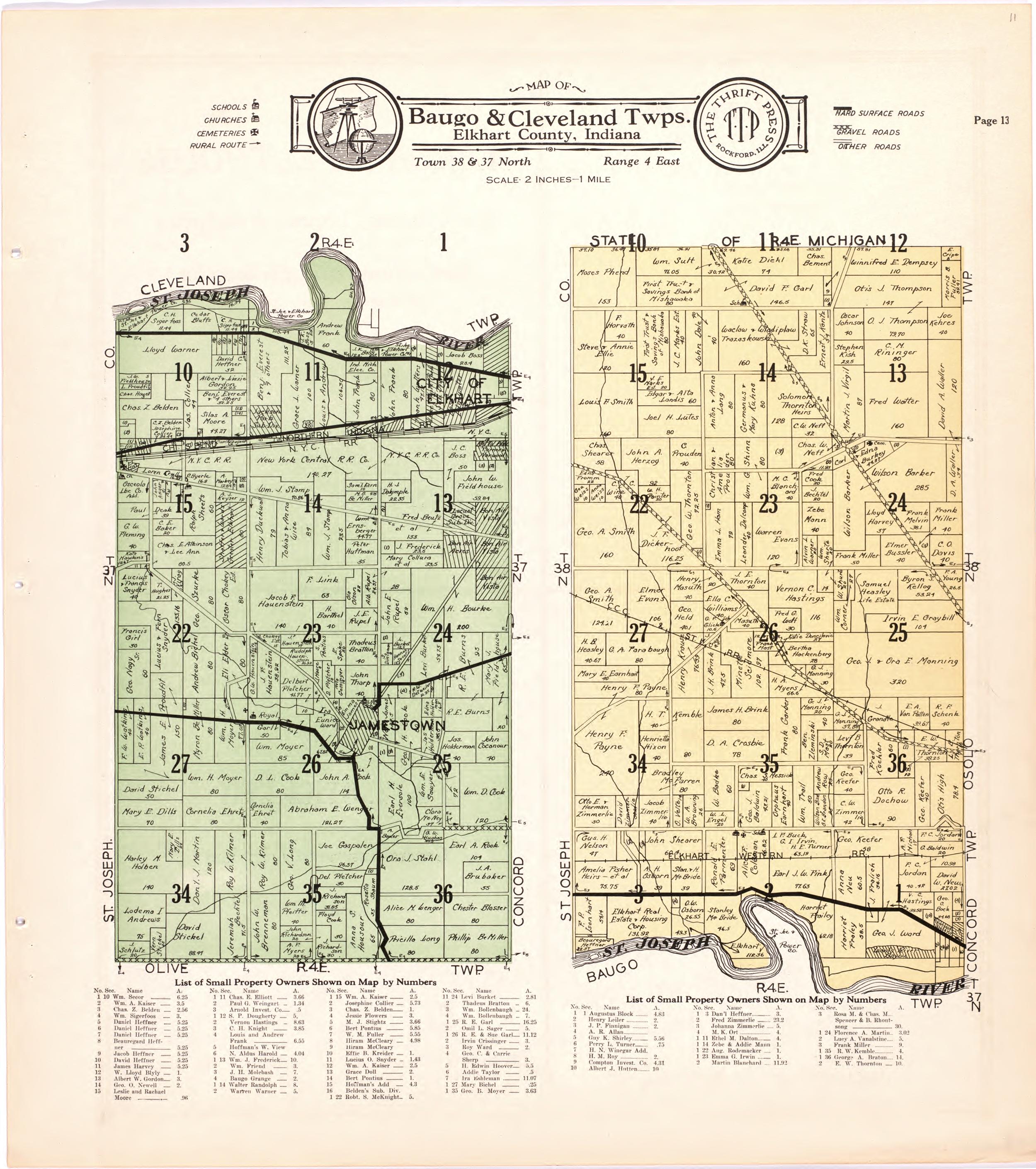 Map of Baugo &amp; Cleveland Twps. Elkhart County, Indiana from Atlas and Plat Book of Elkhart County, Indiana : Compiled from Surveys and the Public Records of Elkhart County, Indiana 1929 by Relic Map Company