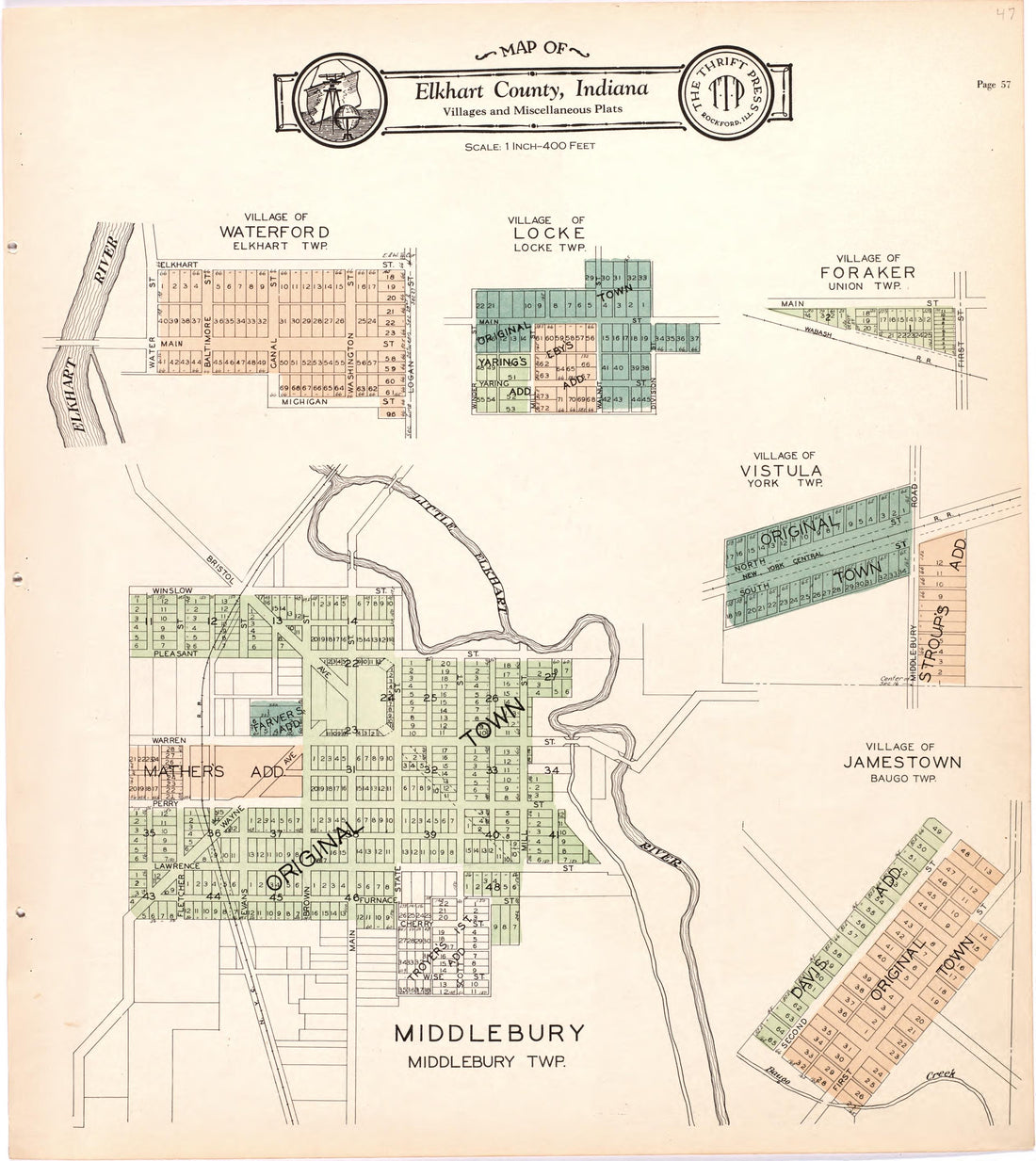 Map of Elkhart County Villages and Miscellaneous Plats from Atlas and Plat Book of Elkhart County, Indiana : Compiled from Surveys and the Public Records of Elkhart County, Indiana 1929 by Relic Map Company