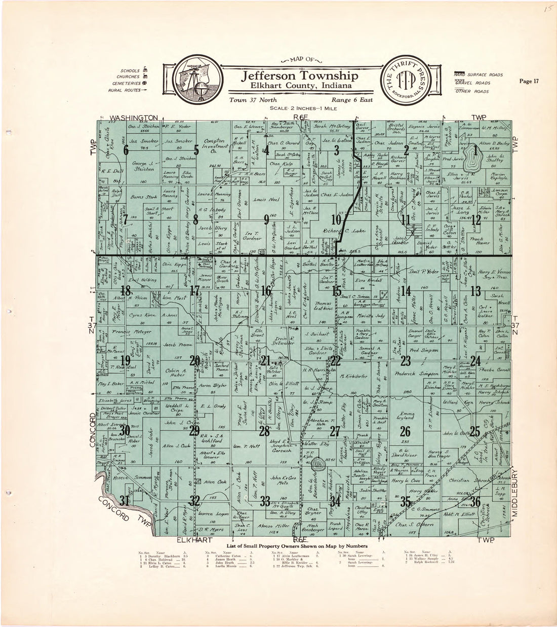 Map of Jefferson Township Elkhart County, Indiana from Atlas and Plat Book of Elkhart County, Indiana : Compiled from Surveys and the Public Records of Elkhart County, Indiana 1929 by Relic Map Company