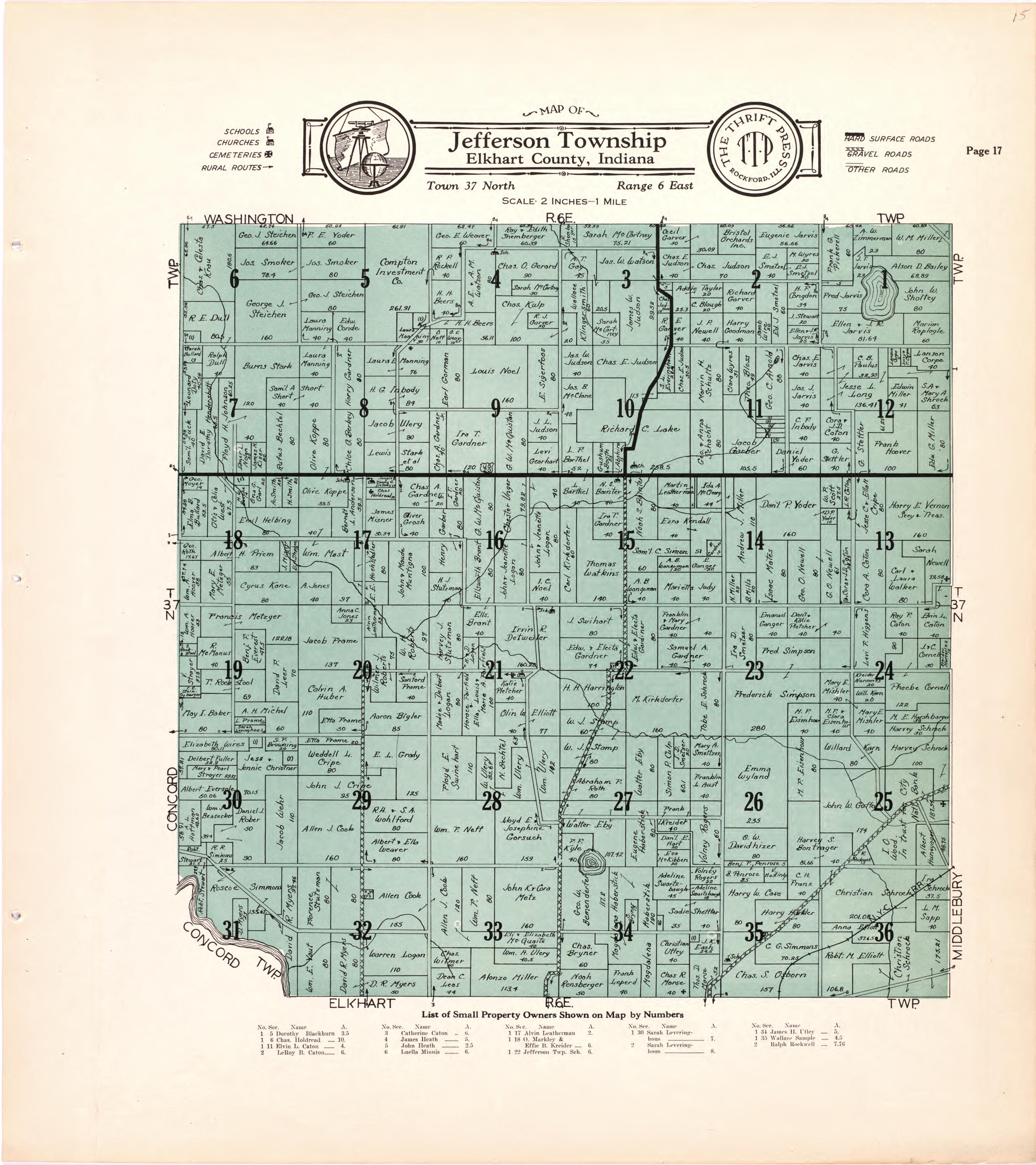 Map of Jefferson Township Elkhart County, Indiana from Atlas and Plat Book of Elkhart County, Indiana : Compiled from Surveys and the Public Records of Elkhart County, Indiana 1929 by Relic Map Company