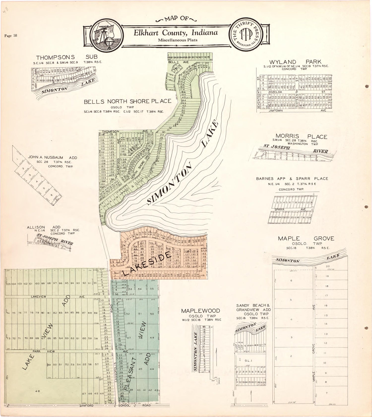 Map of Elkhart County Miscellaneous Plats from Atlas and Plat Book of Elkhart County, Indiana : Compiled from Surveys and the Public Records of Elkhart County, Indiana 1929 by Relic Map Company