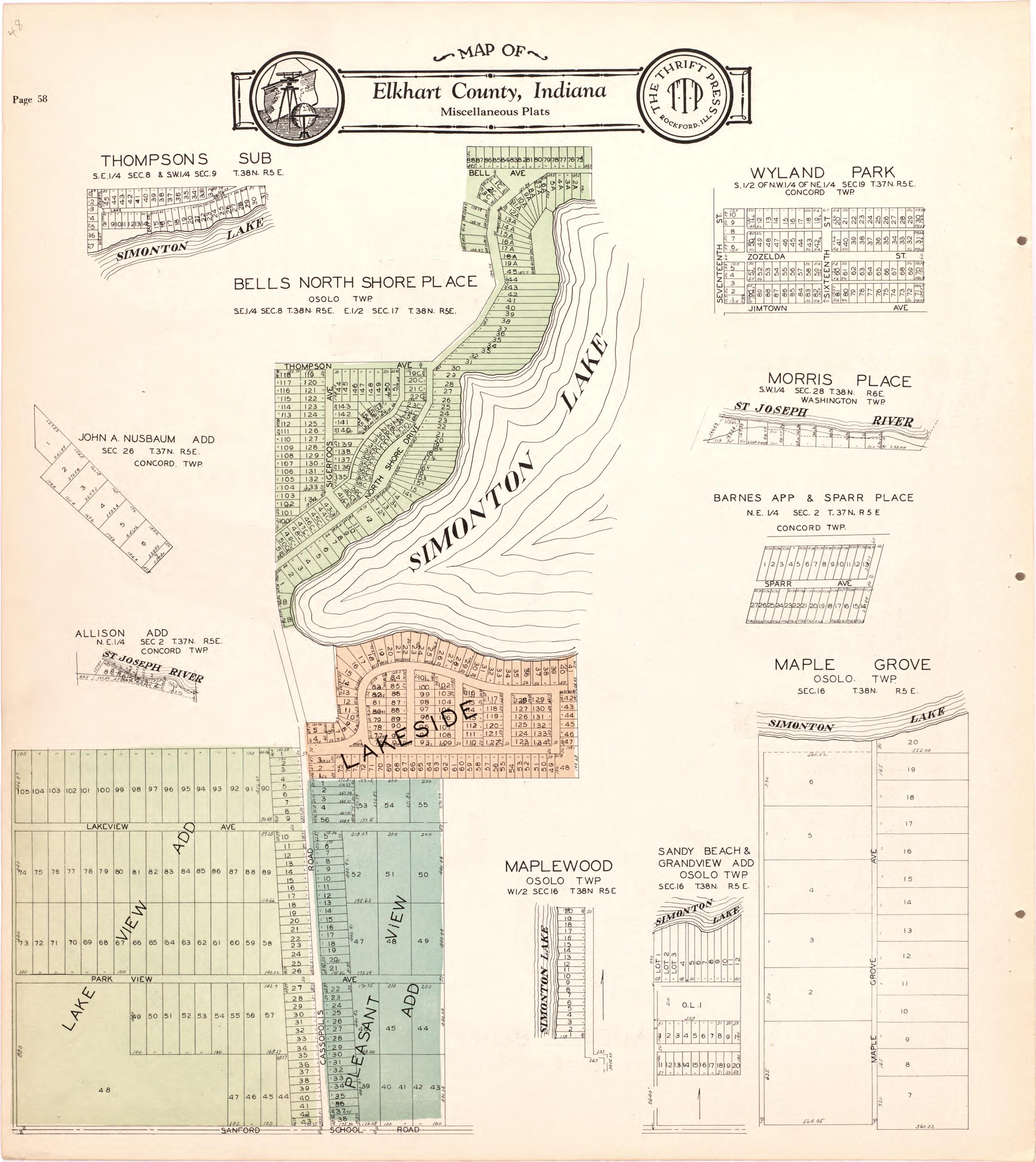 Map of Elkhart County Miscellaneous Plats from Atlas and Plat Book of Elkhart County, Indiana : Compiled from Surveys and the Public Records of Elkhart County, Indiana 1929 by Relic Map Company