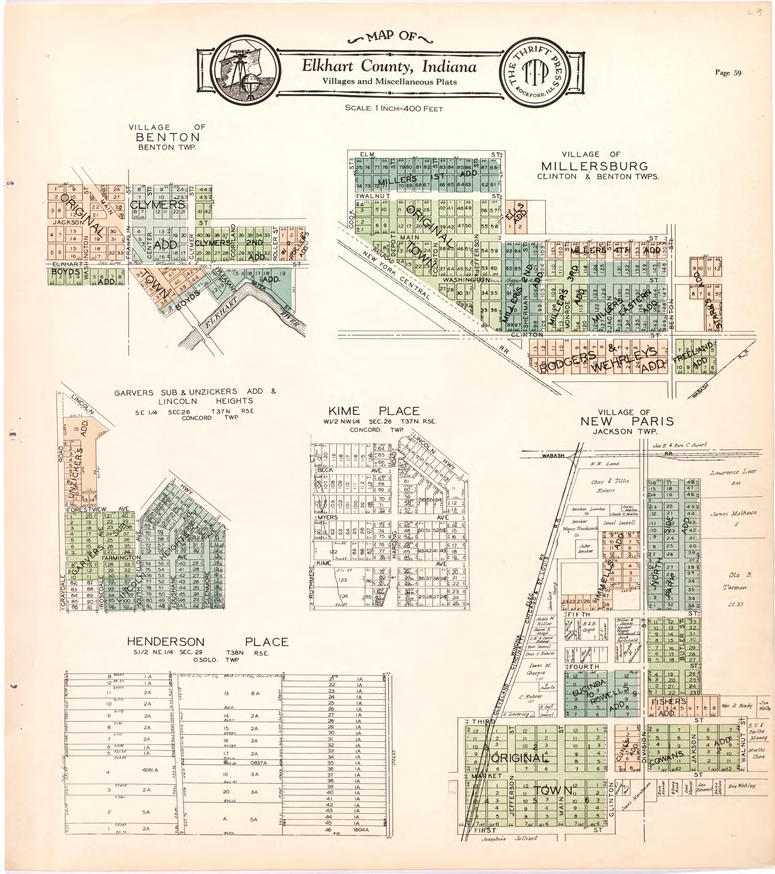Map of Elkhart County Villages and Miscellaneous Plats from Atlas and Plat Book of Elkhart County, Indiana : Compiled from Surveys and the Public Records of Elkhart County, Indiana 1929 by Relic Map Company