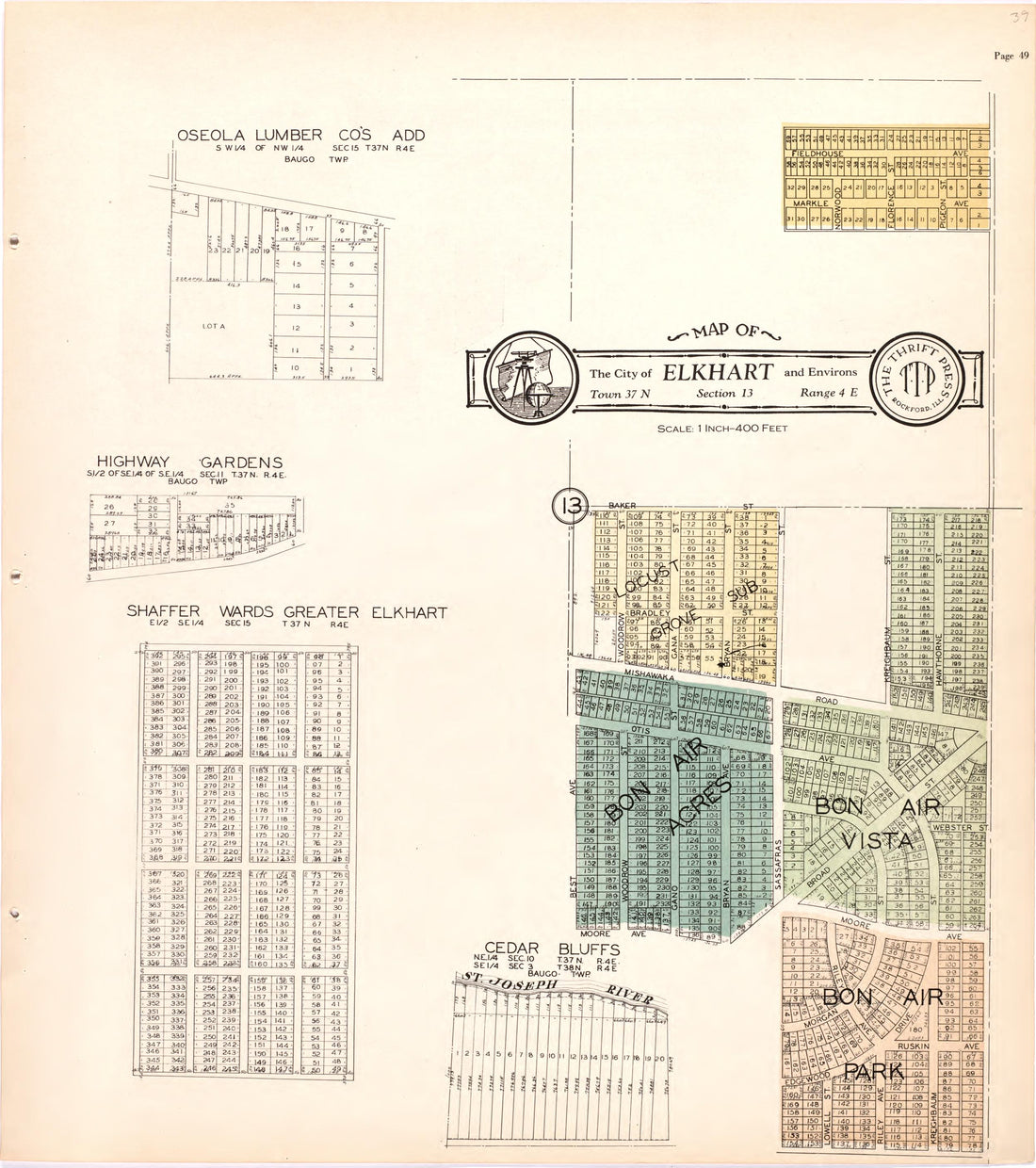Map of the City of Elkhart &amp; Environs from Atlas and Plat Book of Elkhart County, Indiana : Compiled from Surveys and the Public Records of Elkhart County, Indiana 1929 by Relic Map Company