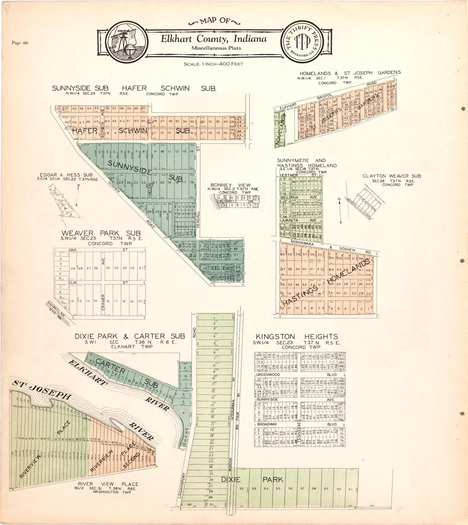 Map of Elkhart County Miscellaneous Plats from Atlas and Plat Book of Elkhart County, Indiana : Compiled from Surveys and the Public Records of Elkhart County, Indiana 1929 by Relic Map Company