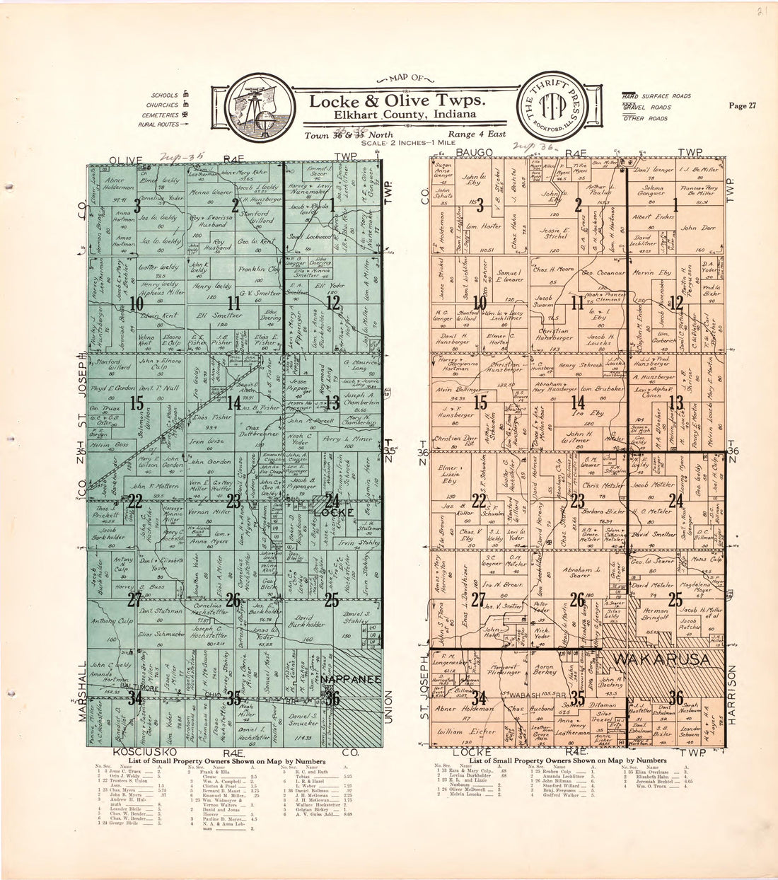 Map of Locke &amp; Olive Twps. Elkhart County, Indiana from Atlas and Plat Book of Elkhart County, Indiana : Compiled from Surveys and the Public Records of Elkhart County, Indiana 1929 by Relic Map Company