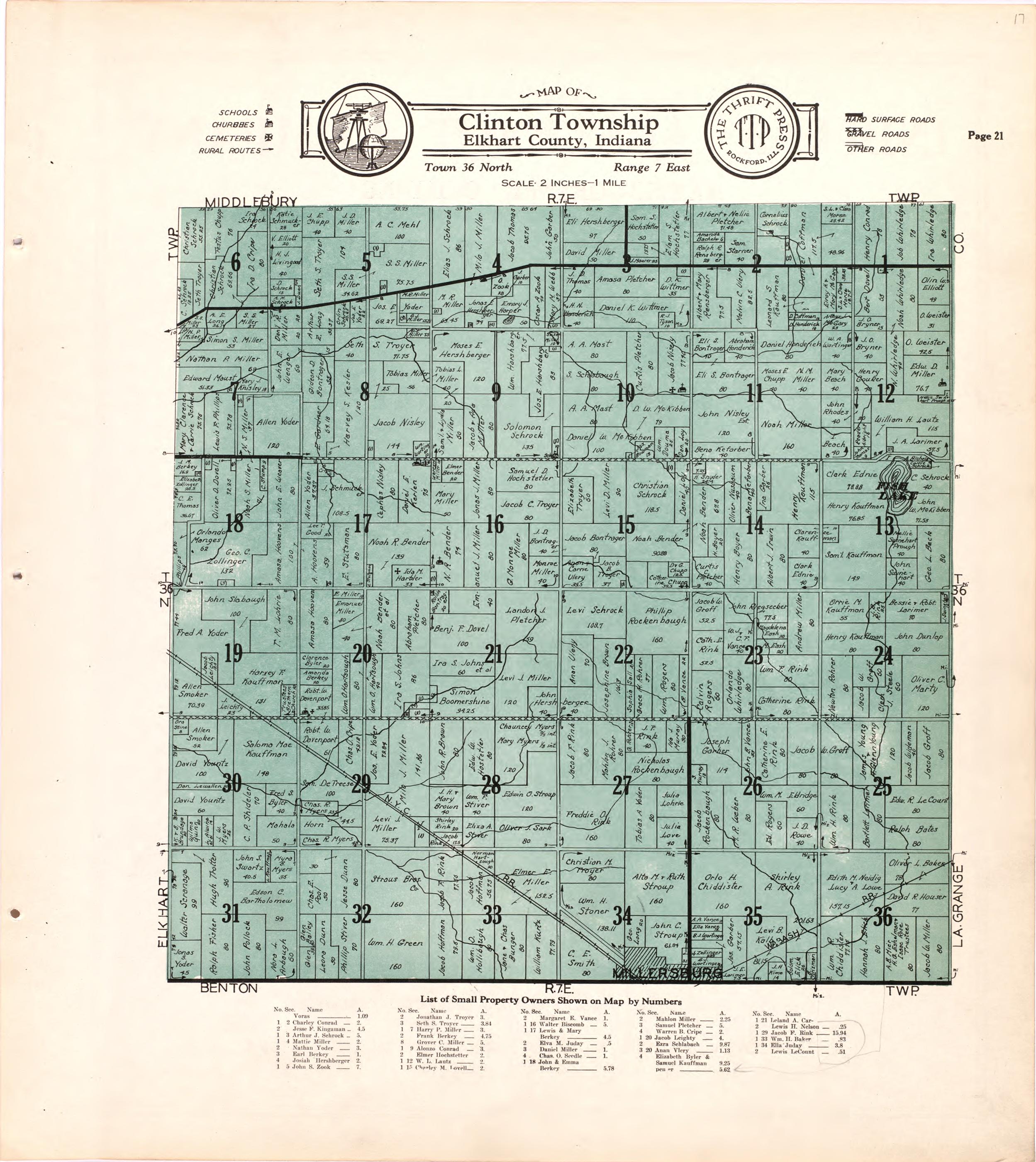Map of Clinton Township Elkhart County, Indiana from Atlas and Plat Book of Elkhart County, Indiana : Compiled from Surveys and the Public Records of Elkhart County, Indiana 1929 by Relic Map Company