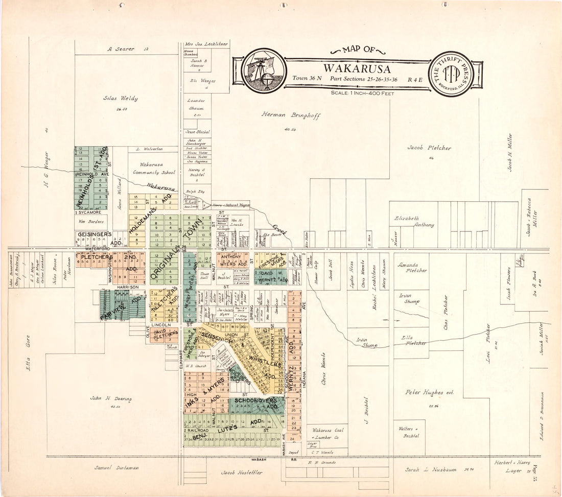 Map of the City of Wakarusa from Atlas and Plat Book of Elkhart County, Indiana : Compiled from Surveys and the Public Records of Elkhart County, Indiana 1929 by Relic Map Company