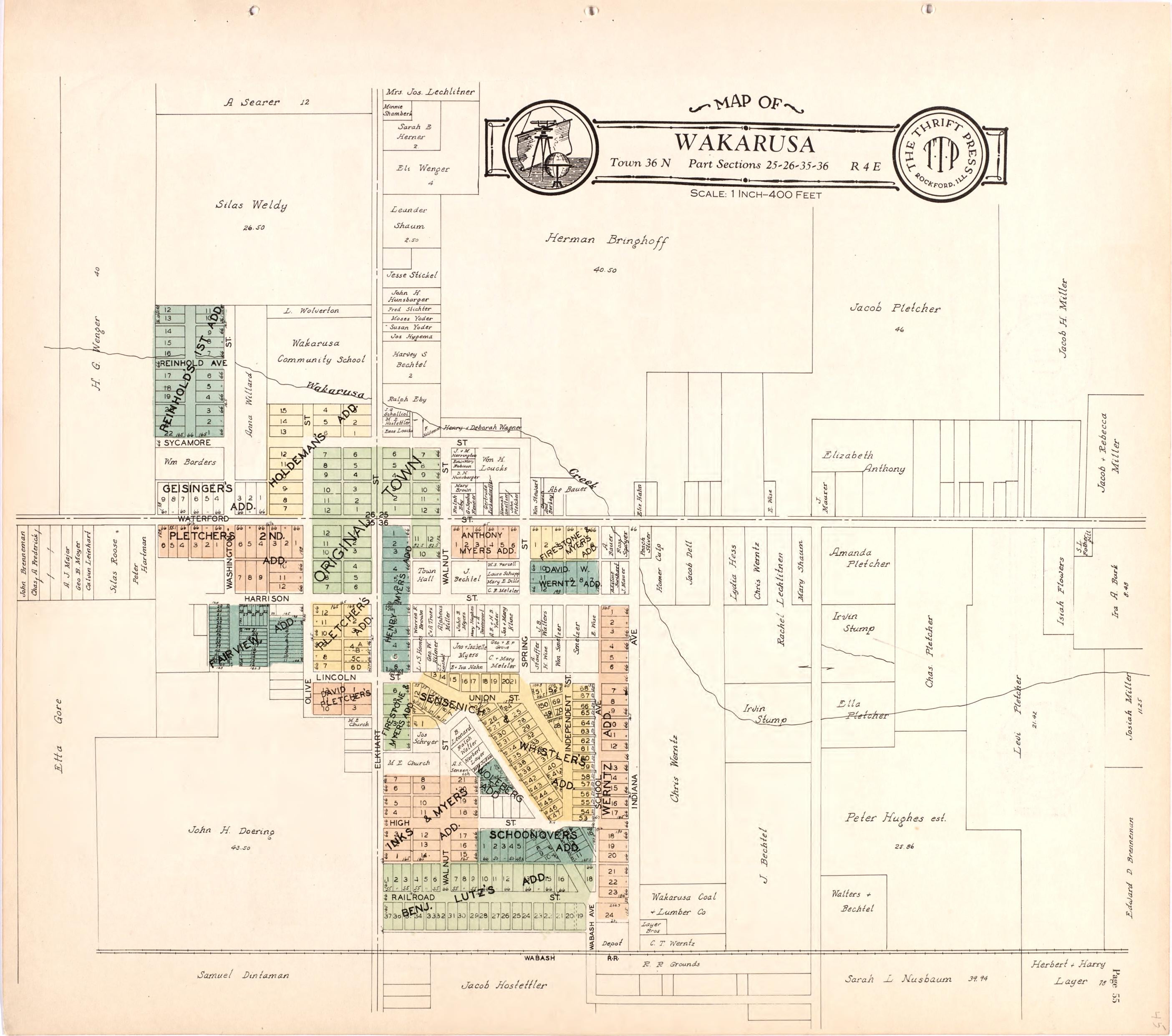 Map of the City of Wakarusa from Atlas and Plat Book of Elkhart County, Indiana : Compiled from Surveys and the Public Records of Elkhart County, Indiana 1929 by Relic Map Company