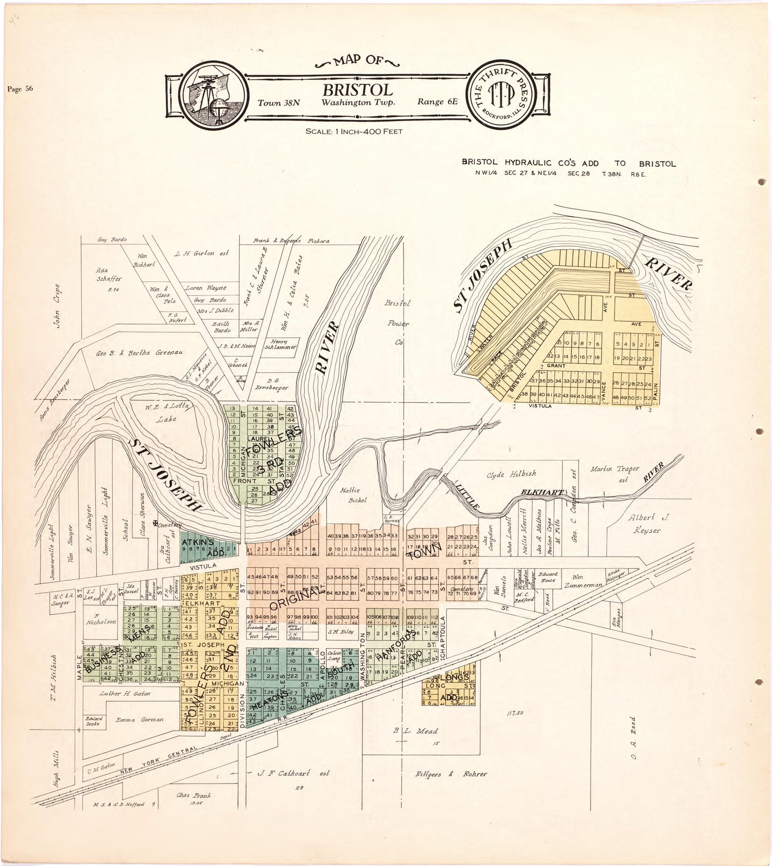 Map of Bristol Washington Township from Atlas and Plat Book of Elkhart County, Indiana : Compiled from Surveys and the Public Records of Elkhart County, Indiana 1929 by Relic Map Company
