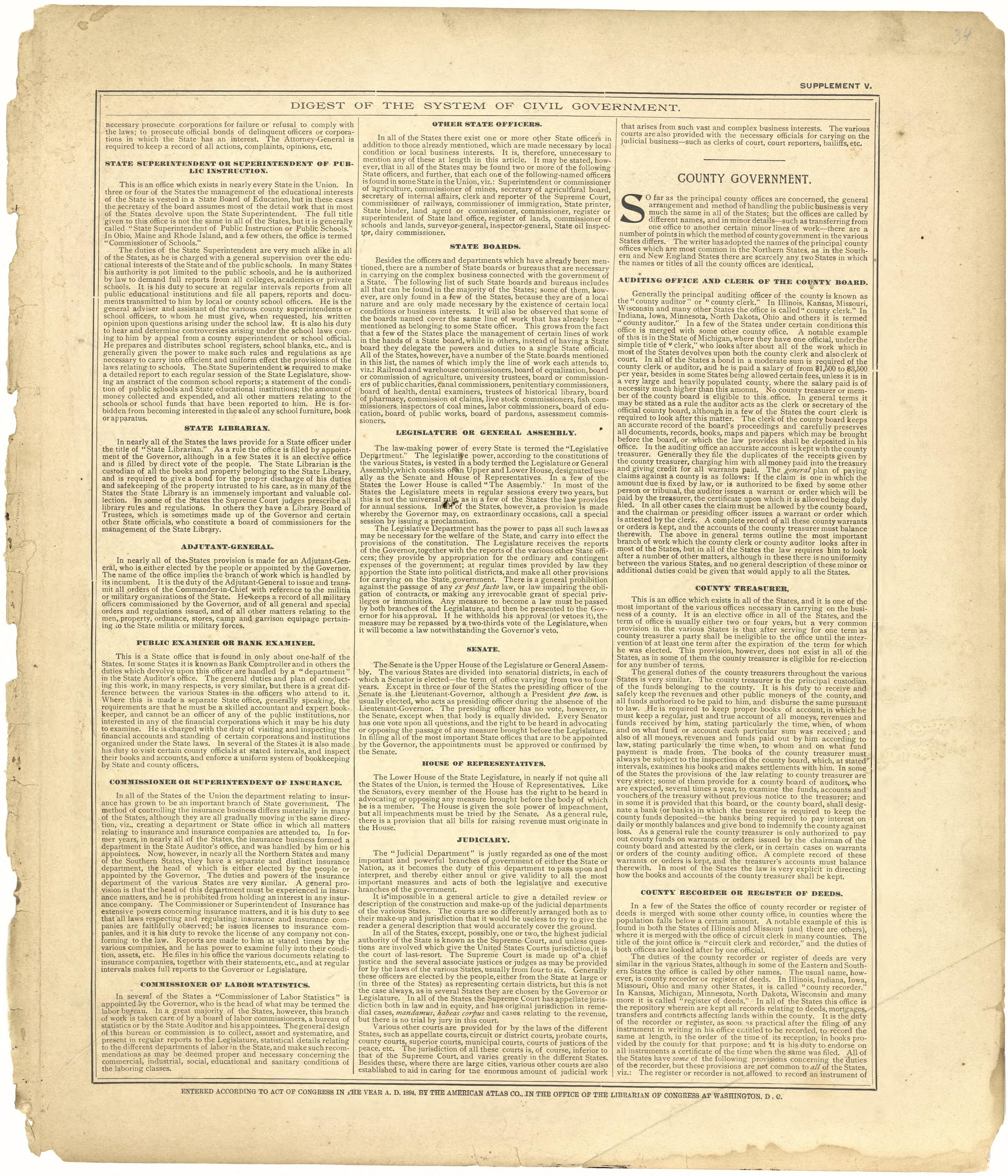 Digest of the System of Civil Government Continued from Plat Book of De Witt County, Illinois 1894 by Relic Map Company