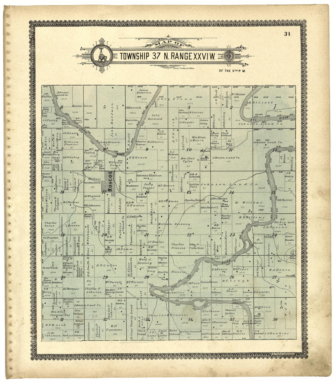 Map of Township 37 N. Range XXVI W. from Standard Atlas of St. Clair County, Missouri : Including a Plat Book of the Villages, Cities and Townships of the County, Map of the State, United States and World, Patrons Directory, Reference … 1903 by Relic Map Company