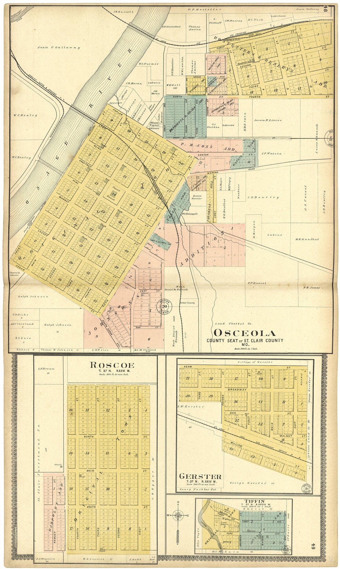 Osceola; Roscoe; Gerster; Tiffin from Standard Atlas of St. Clair County, Missouri : Including a Plat Book of the Villages, Cities and Townships of the County, Map of the State, United States and World, Patrons Directory, Reference … 1903 by Relic Map Company