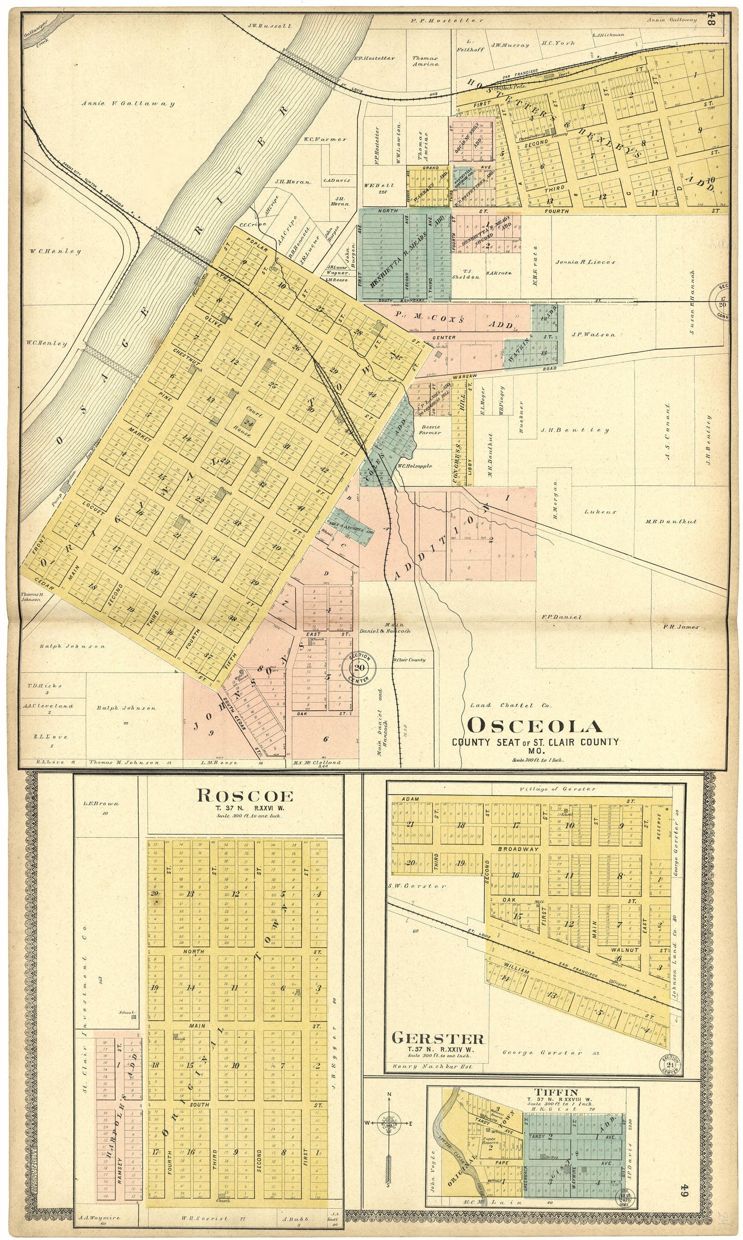 Osceola; Roscoe; Gerster; Tiffin from Standard Atlas of St. Clair County, Missouri : Including a Plat Book of the Villages, Cities and Townships of the County, Map of the State, United States and World, Patrons Directory, Reference … 1903 by Relic Map Company