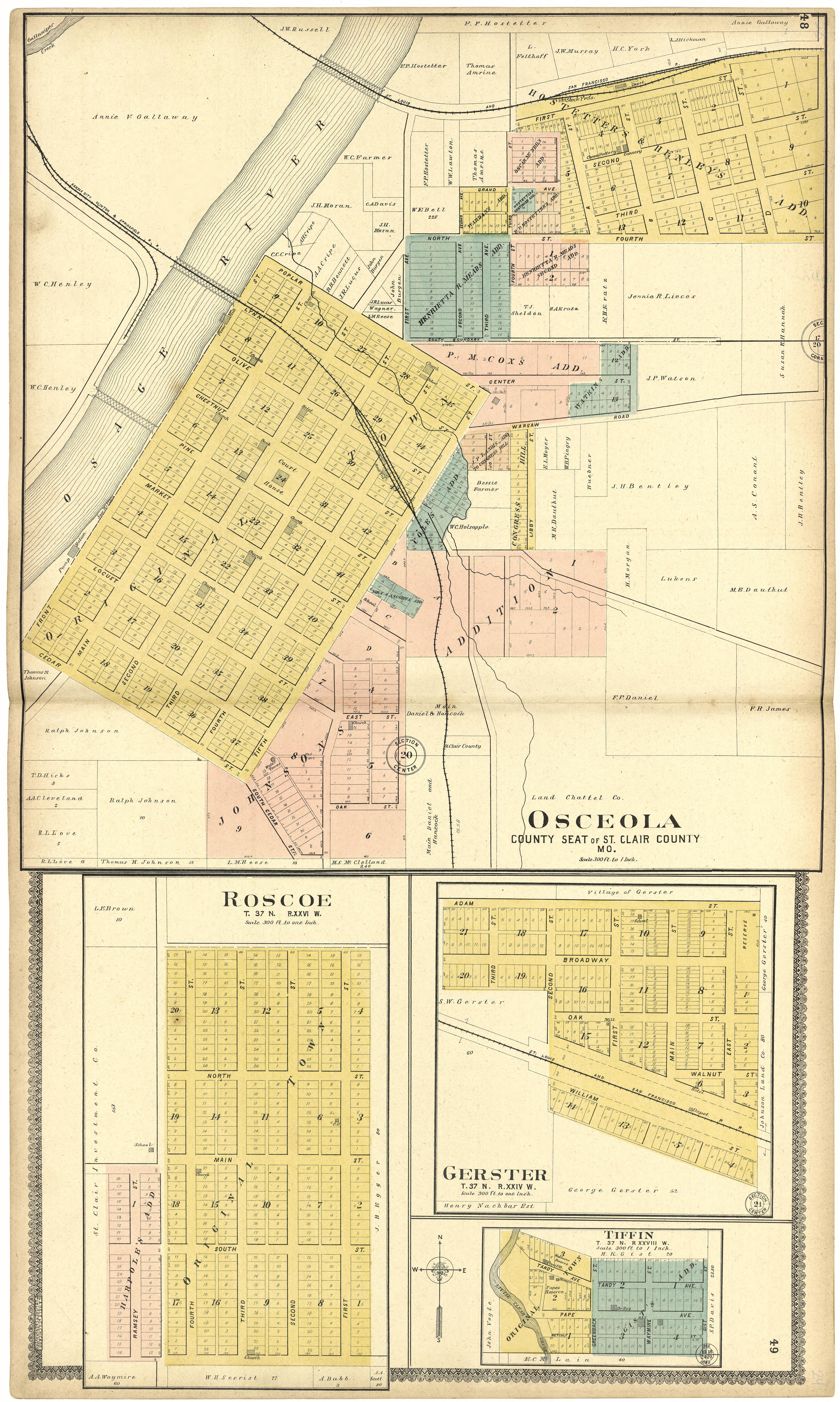 Osceola; Roscoe; Gerster; Tiffin from Standard Atlas of St. Clair County, Missouri : Including a Plat Book of the Villages, Cities and Townships of the County, Map of the State, United States and World, Patrons Directory, Reference … 1903 by Relic Map Company