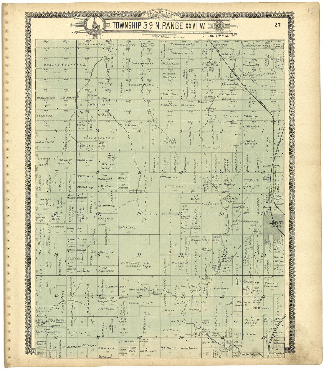 Map of Township 39 N. Range XXVI W. from Standard Atlas of St. Clair County, Missouri : Including a Plat Book of the Villages, Cities and Townships of the County, Map of the State, United States and World, Patrons Directory, Reference … 1903 by Relic Map Company