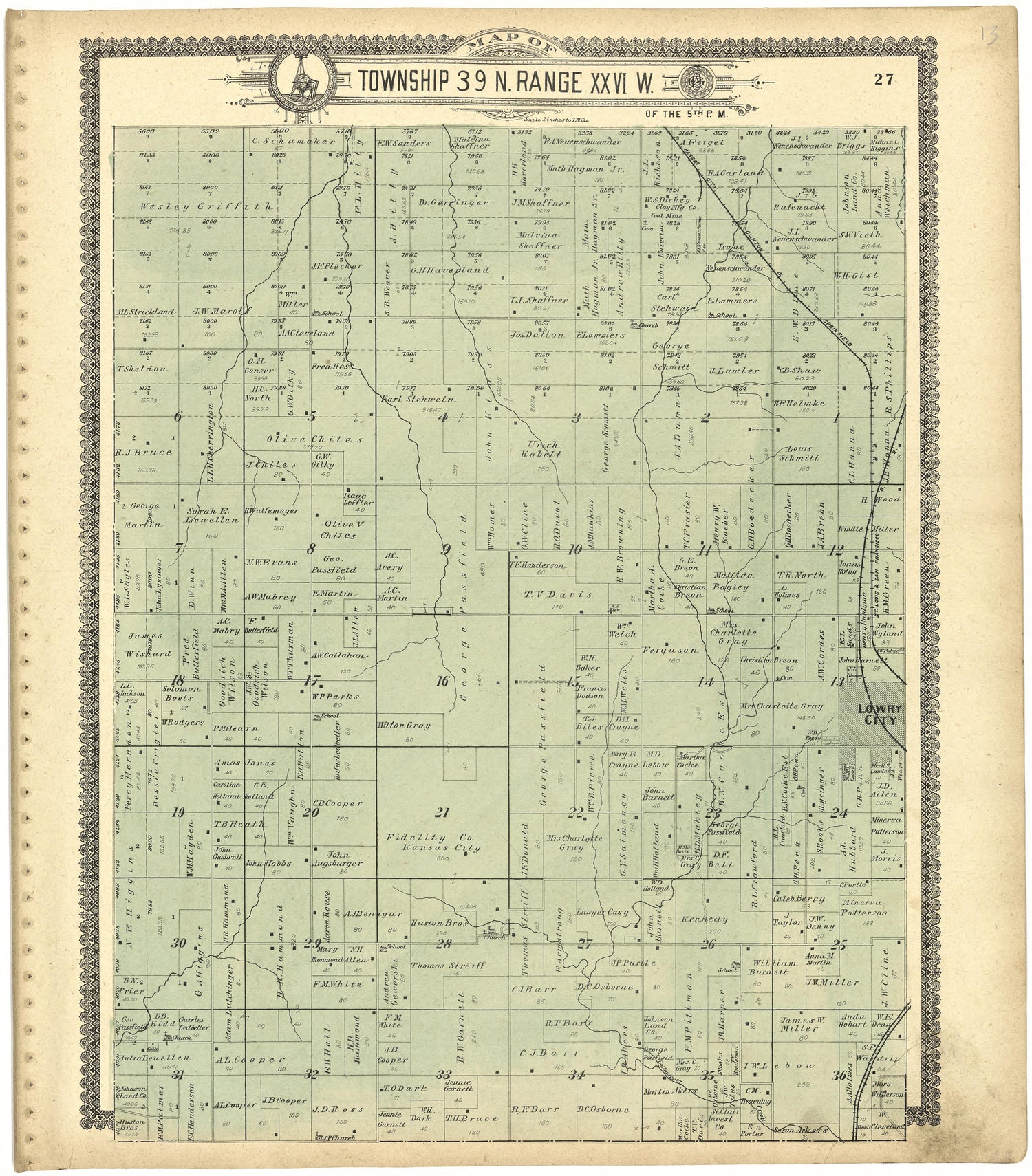 Map of Township 39 N. Range XXVI W. from Standard Atlas of St. Clair County, Missouri : Including a Plat Book of the Villages, Cities and Townships of the County, Map of the State, United States and World, Patrons Directory, Reference … 1903 by Relic Map Company