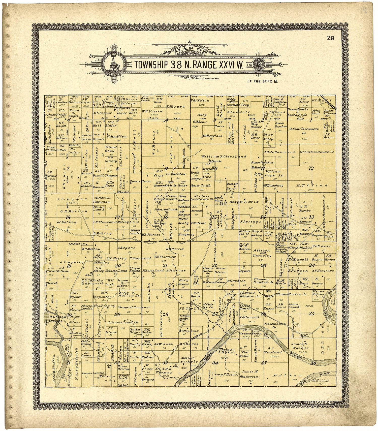 Map of Township 39 N. Range XXVI W. from Standard Atlas of St. Clair County, Missouri : Including a Plat Book of the Villages, Cities and Townships of the County, Map of the State, United States and World, Patrons Directory, Reference … 1903 by Relic Map Company