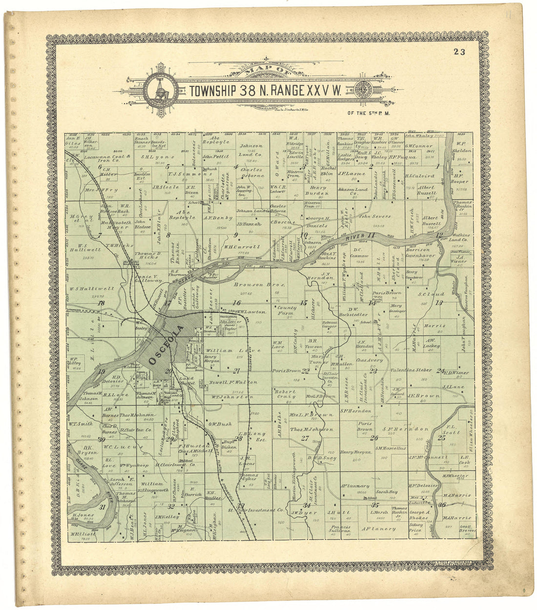 Map of Township 38 N. Range XXV W. from Standard Atlas of St. Clair County, Missouri : Including a Plat Book of the Villages, Cities and Townships of the County, Map of the State, United States and World, Patrons Directory, Reference … 1903 by Relic Map Company