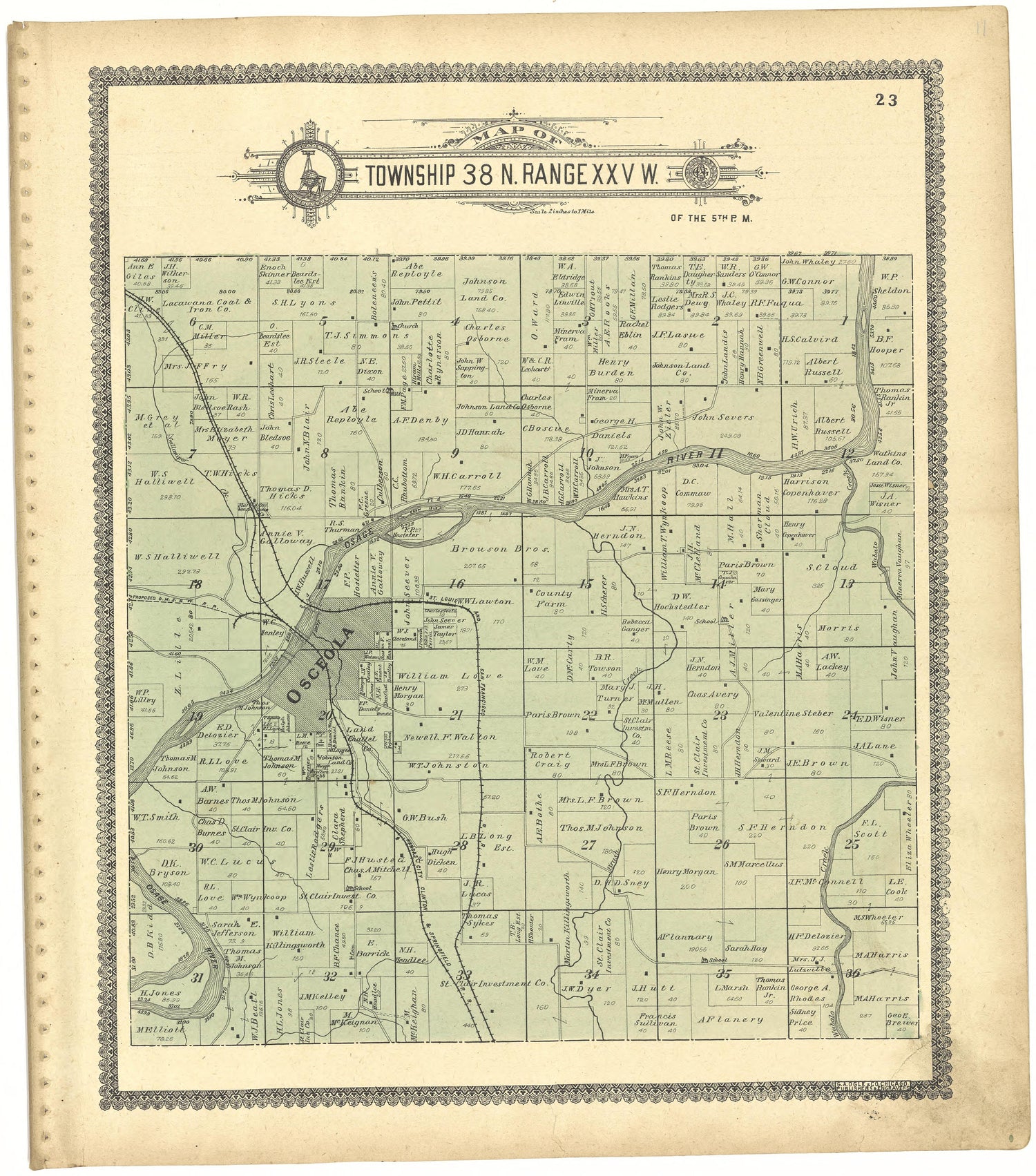 Map of Township 38 N. Range XXV W. from Standard Atlas of St. Clair County, Missouri : Including a Plat Book of the Villages, Cities and Townships of the County, Map of the State, United States and World, Patrons Directory, Reference … 1903 by Relic Map Company
