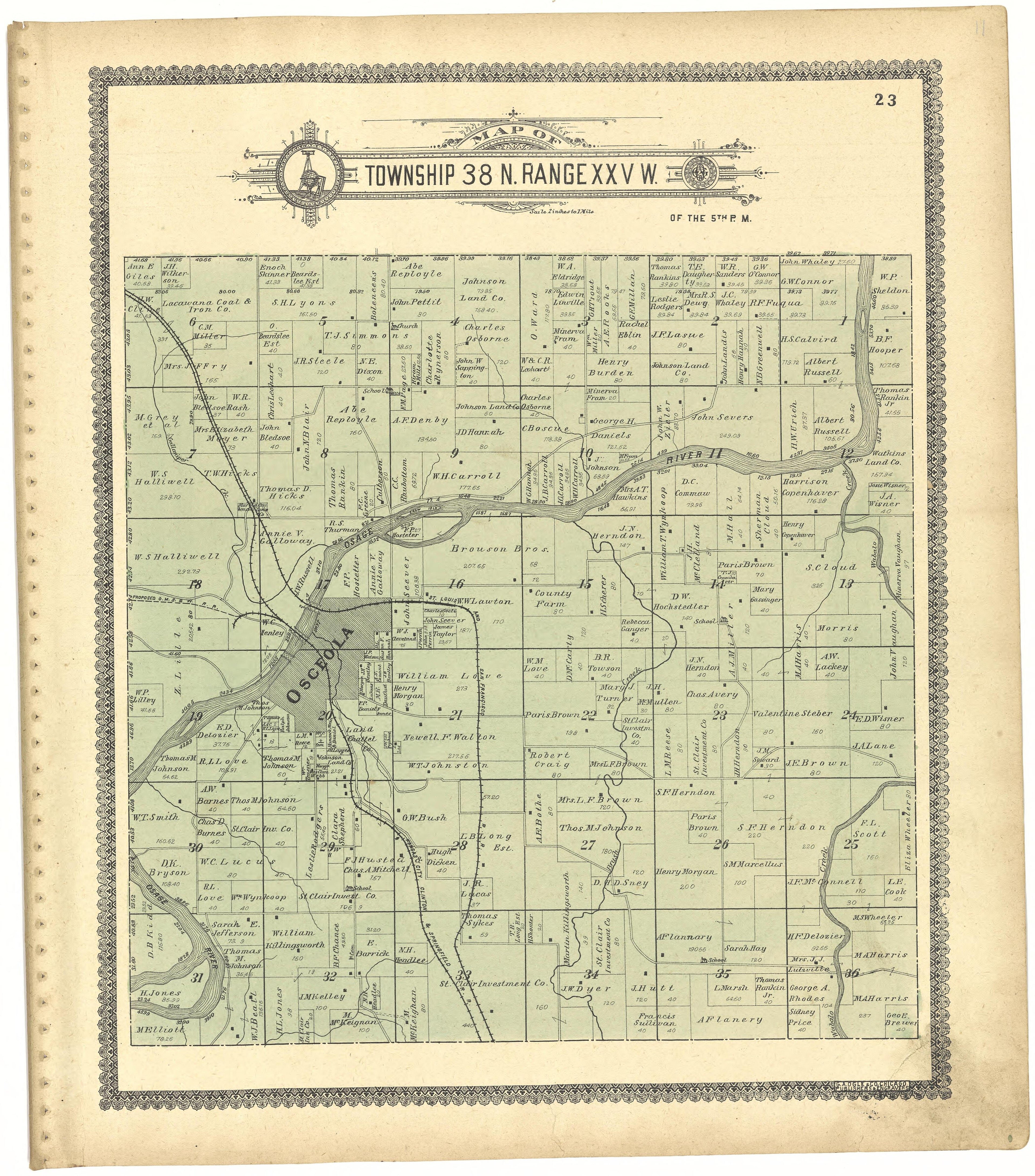 Map of Township 38 N. Range XXV W. from Standard Atlas of St. Clair County, Missouri : Including a Plat Book of the Villages, Cities and Townships of the County, Map of the State, United States and World, Patrons Directory, Reference … 1903 by Relic Map Company